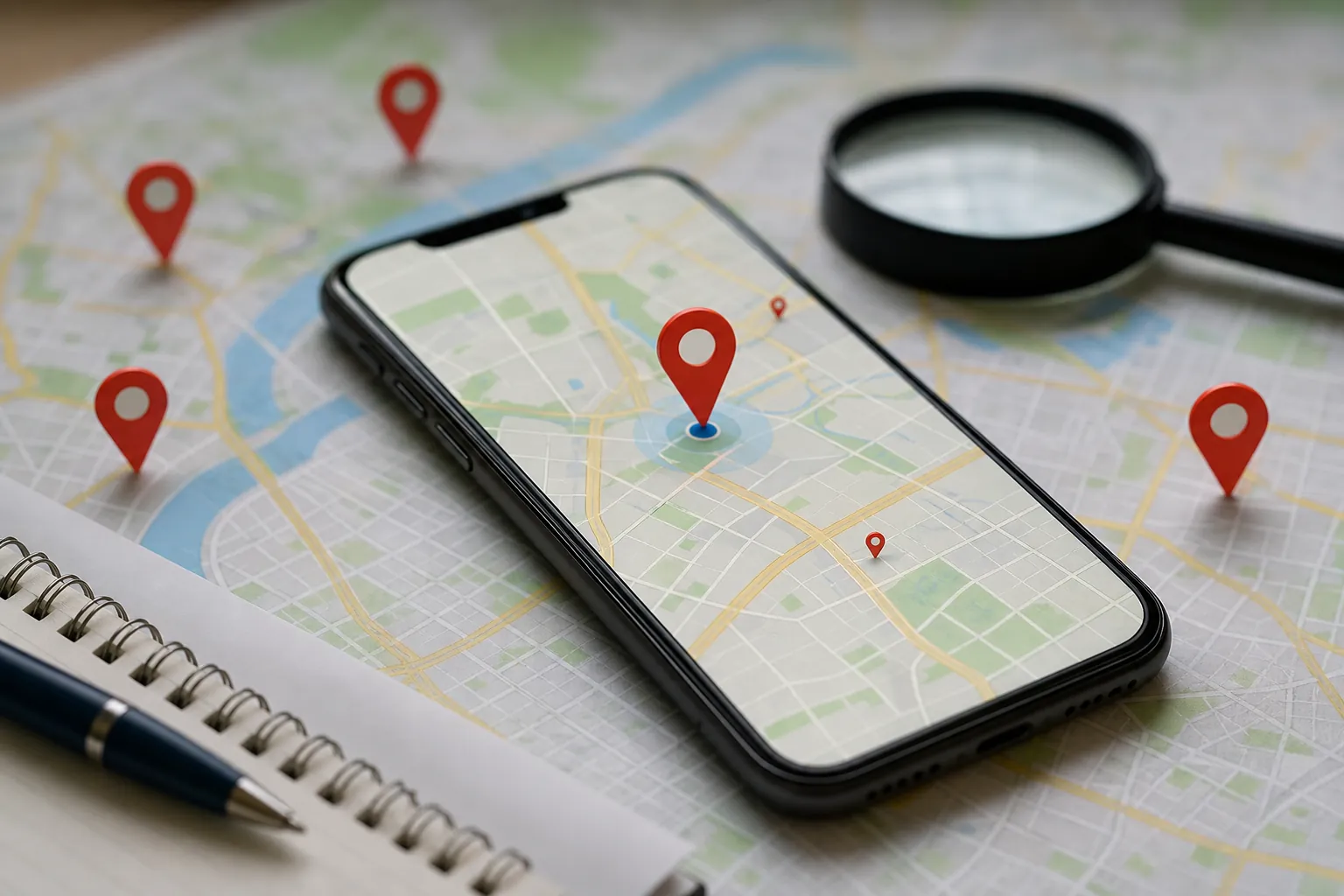 Smartphone displaying a city map with red location pins, beside a magnifying glass, paper map, notebook, and pen.