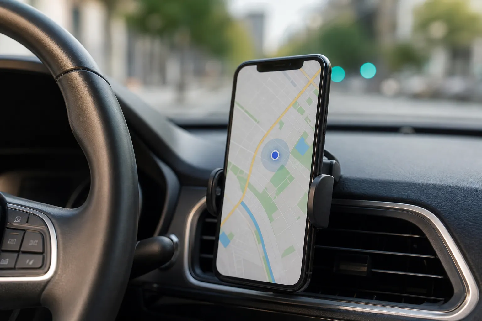 Smartphone mounted on a car dashboard displaying a navigation map with a blue location marker on city streets