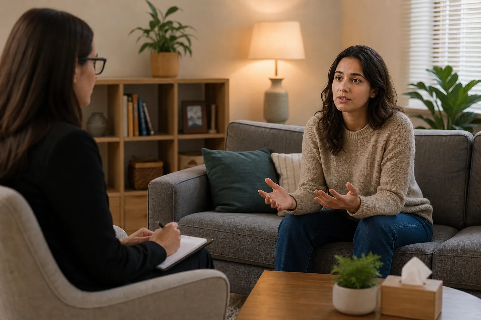 A behavioral health therapist takes notes while speaking with a woman seated on a sofa in a calm, plant-filled office.