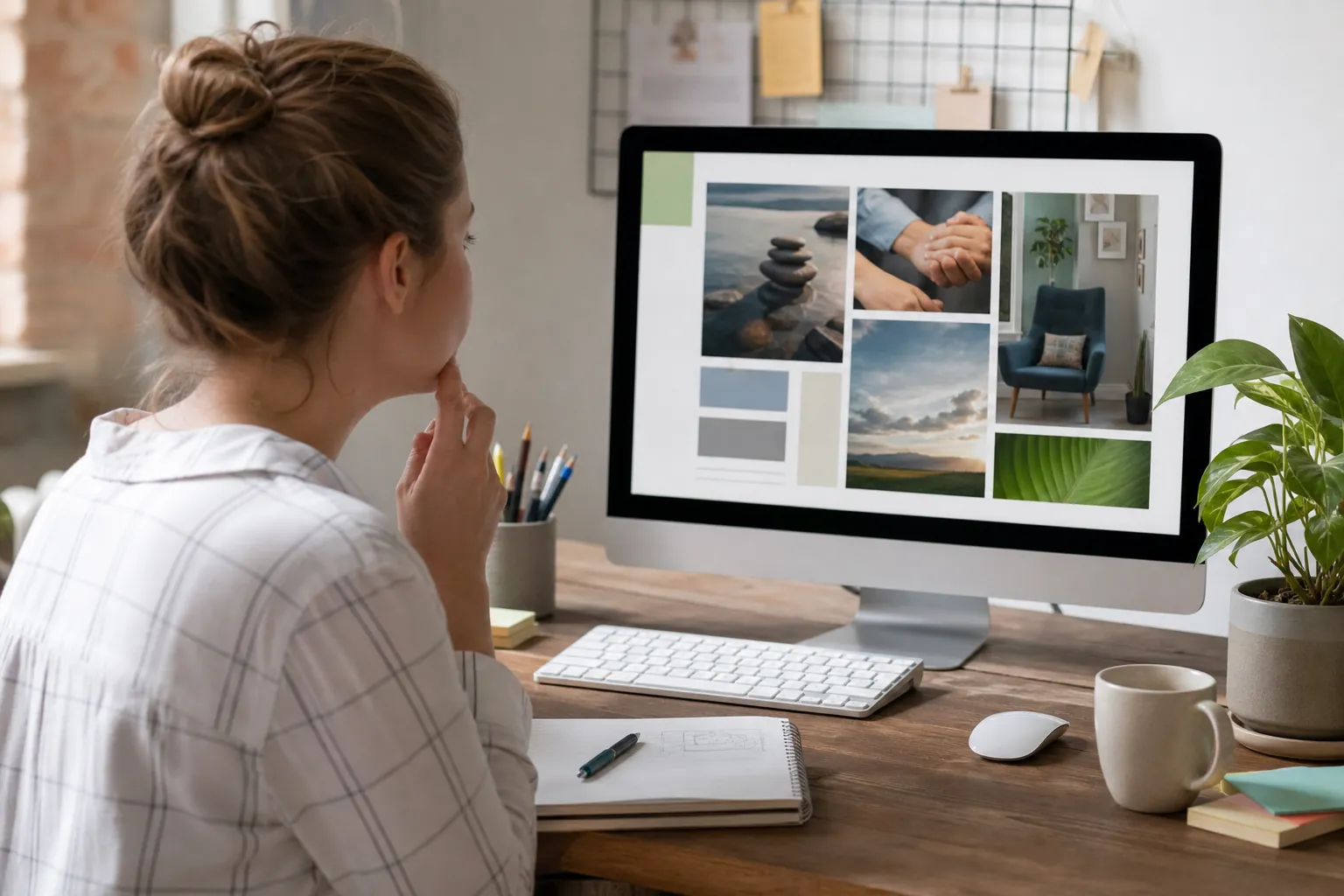 Woman reviewing a wellness-themed webpage layout on a desktop computer at her workspace