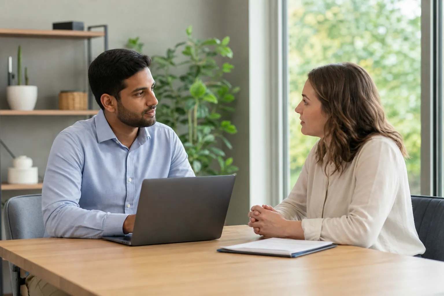 A man with a laptop speaks with a woman across a desk in a bright behavioral health clinic office.