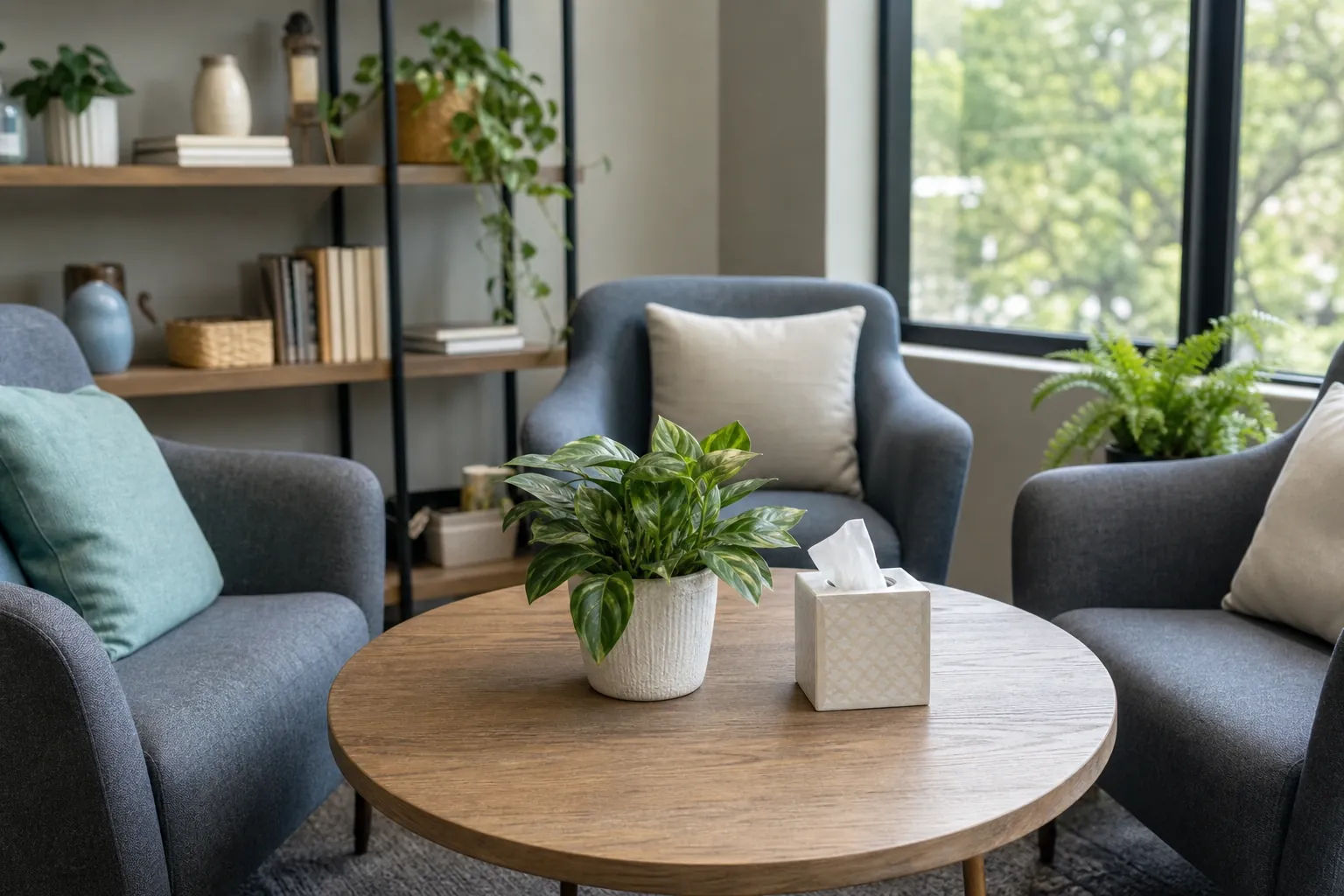 Quiet counseling room with three gray armchairs, a round wooden table, plants, pillows, and a tissue box.
