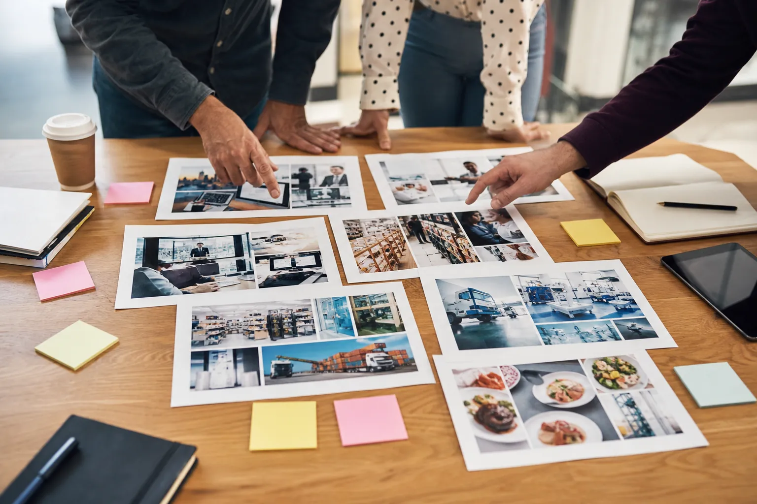Three colleagues review printed photos of offices, retail, logistics, and food industries on a table with sticky notes.