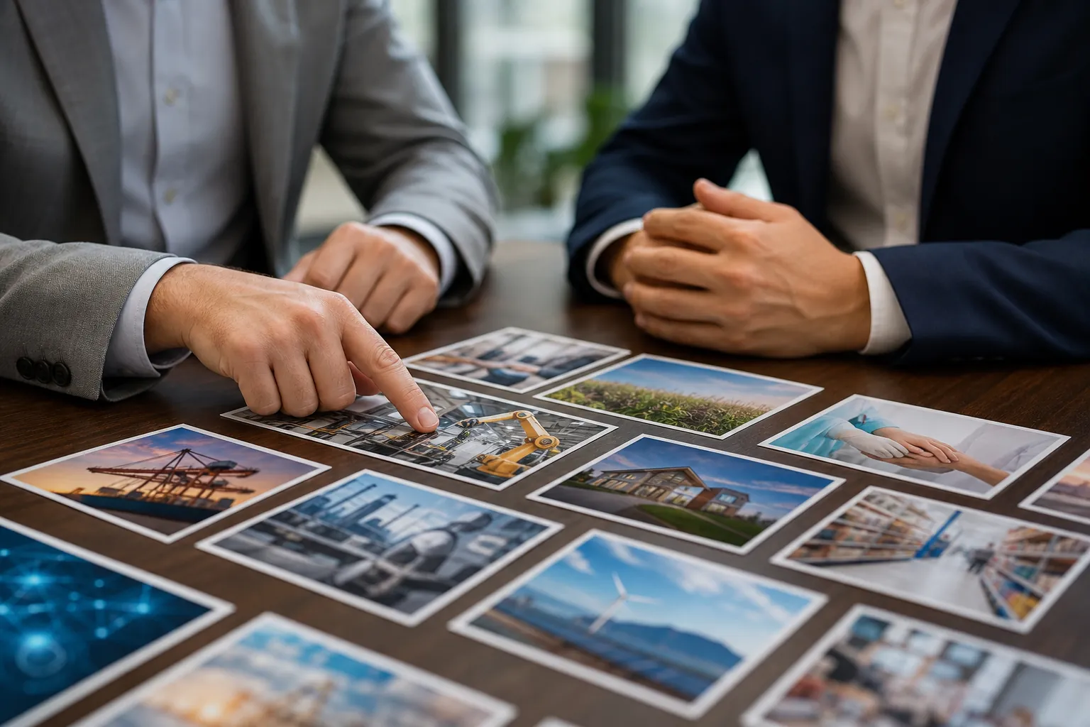 Two businesspeople review printed photos representing construction, healthcare, energy, retail, and other industries.