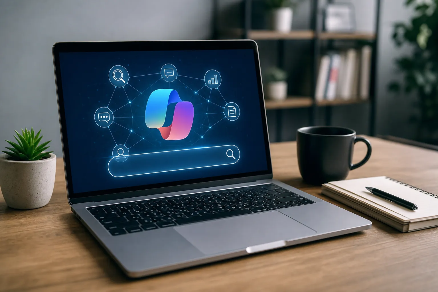 Laptop displaying the Microsoft Copilot logo with search and analytics icons on a tidy office desk.