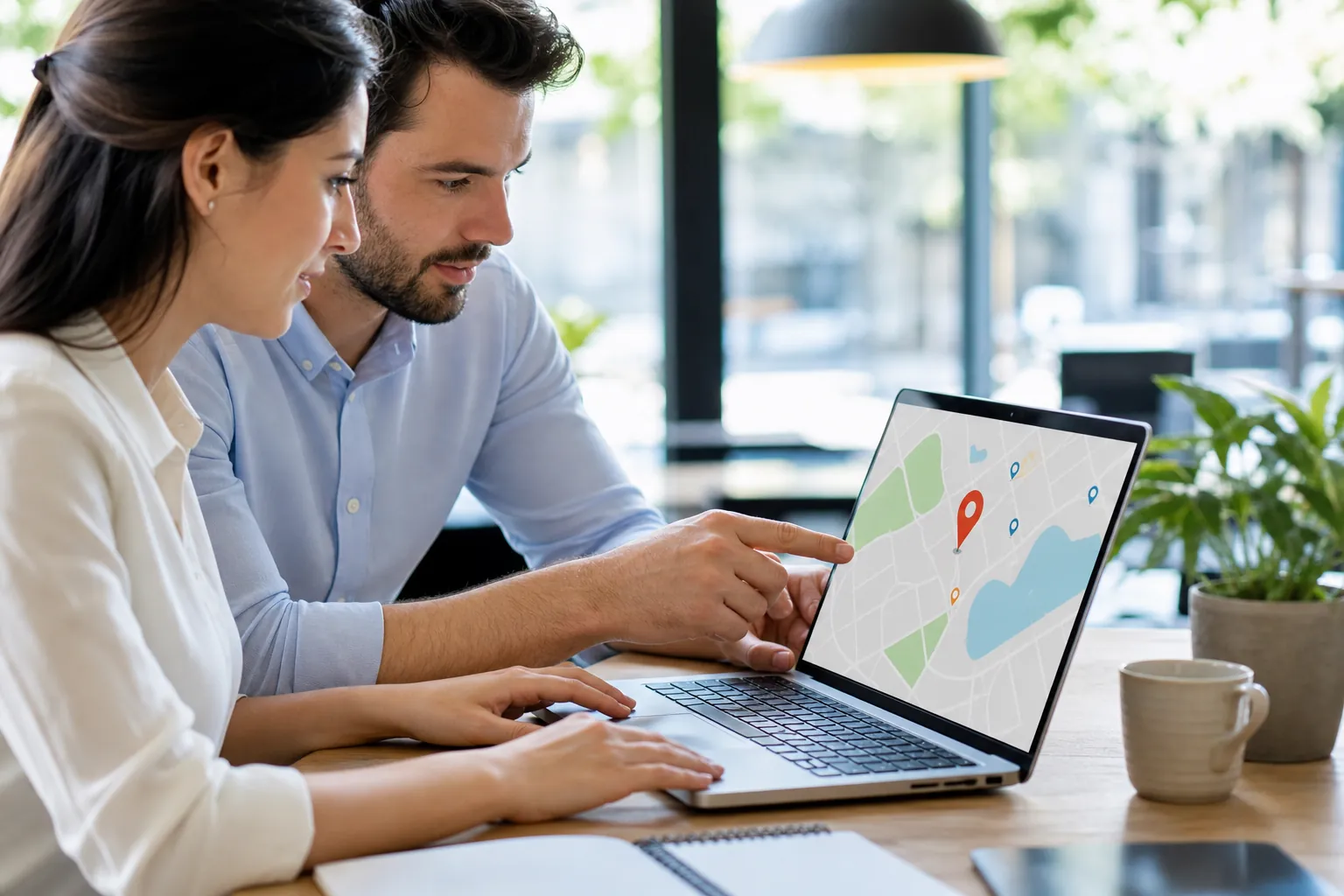 Two colleagues review a location map with colored pins on a laptop at a bright office table.