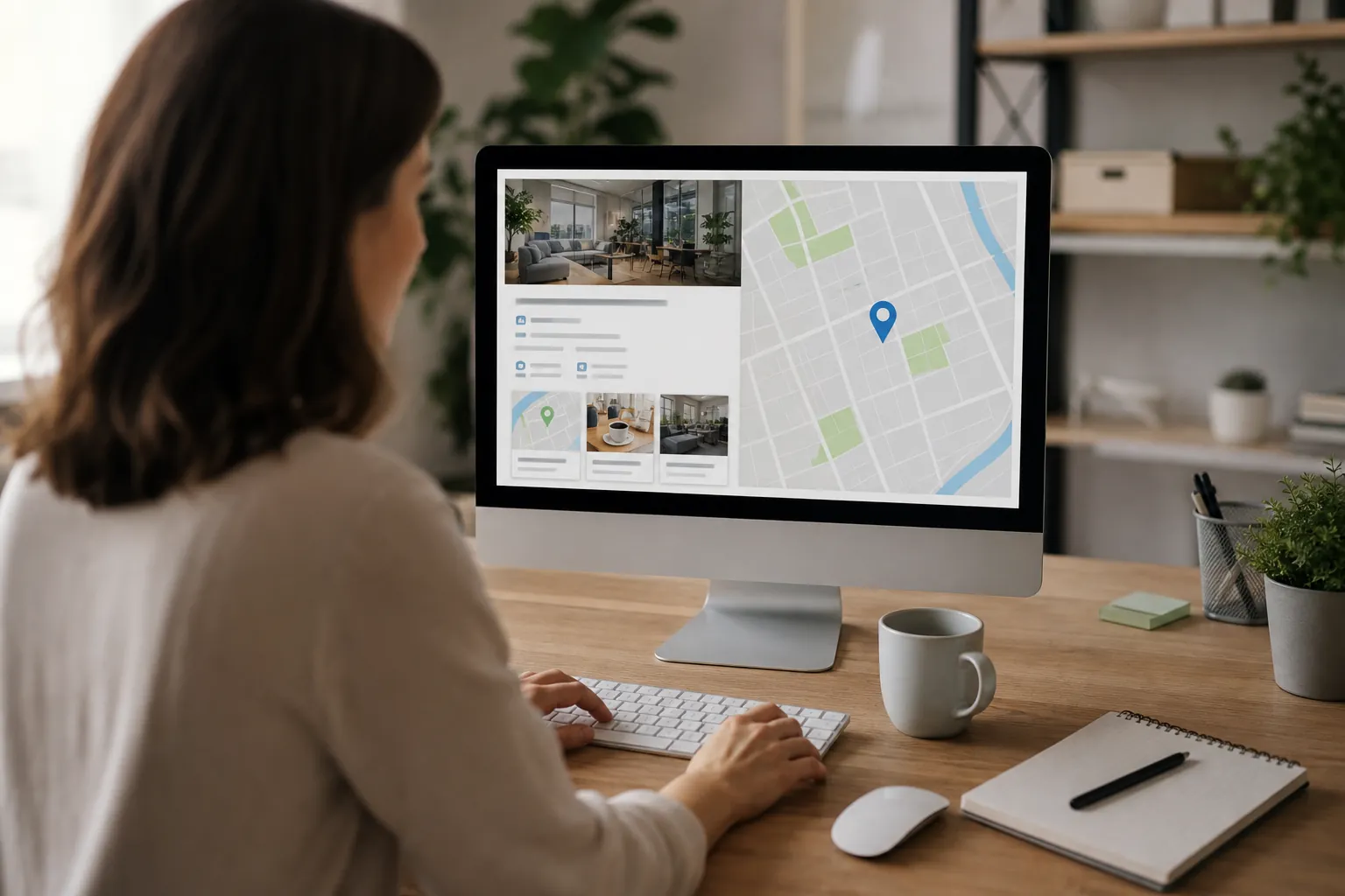Woman at a desk reviewing a local business profile with listing photos and a location map on a desktop monitor.