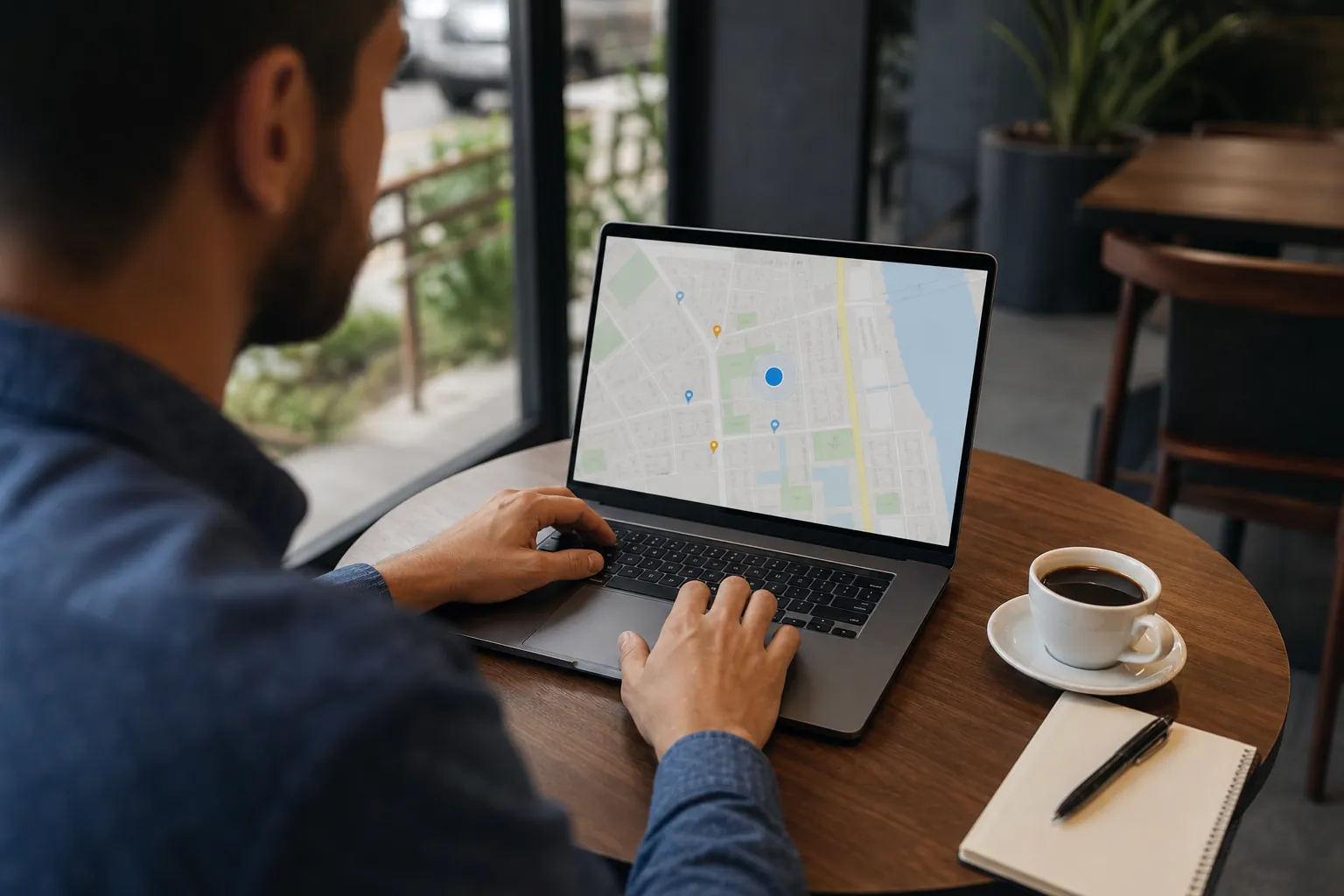 A man uses a laptop displaying a local map with location pins at a cafe table beside coffee and a notebook.
