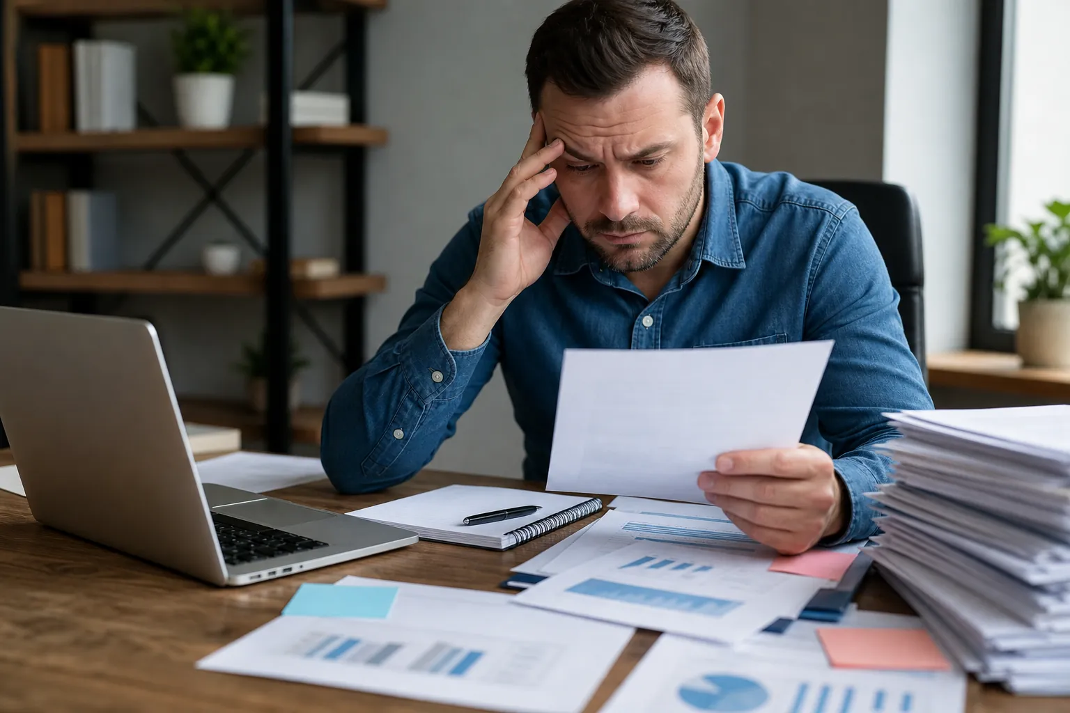 Concerned man reviews paperwork beside a laptop, reports, charts, and a large stack of documents at his desk.