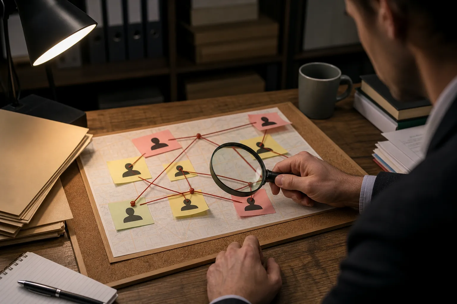 A person uses a magnifying glass to inspect a map with linked contact markers while researching a vendor's source.