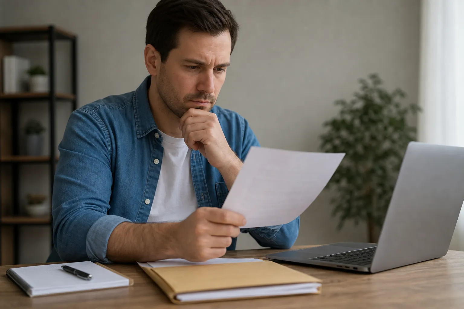 Concerned man reviews a printed document beside an open laptop, notebook, folder, and pen at a desk.