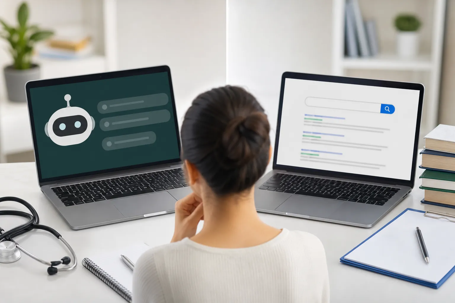 A woman faces two laptops showing a chatbot icon and search results, with a stethoscope, books and clipboard on the desk.