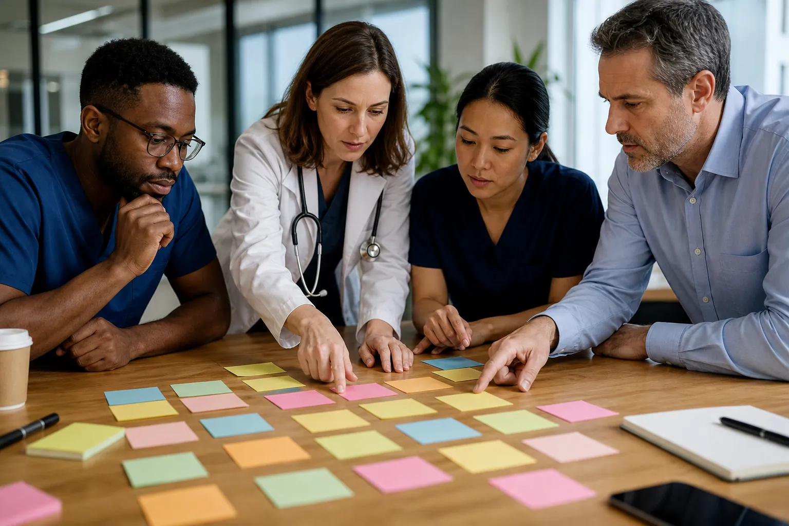Four people, including a doctor with a stethoscope and two colleagues in scrubs, arrange colorful sticky notes on a table.