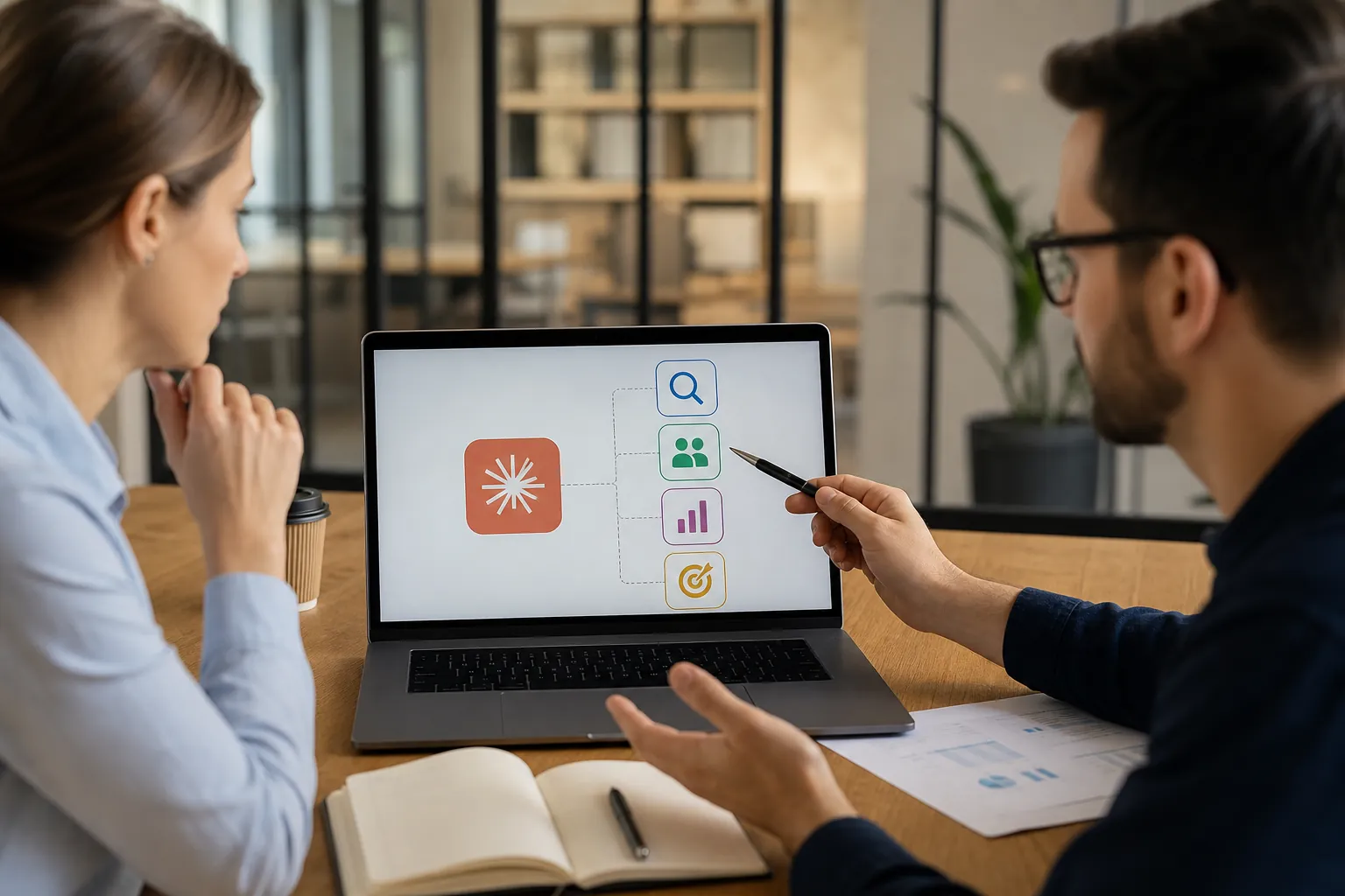 Two colleagues discuss a laptop displaying connected search, audience, analytics, and targeting icons.