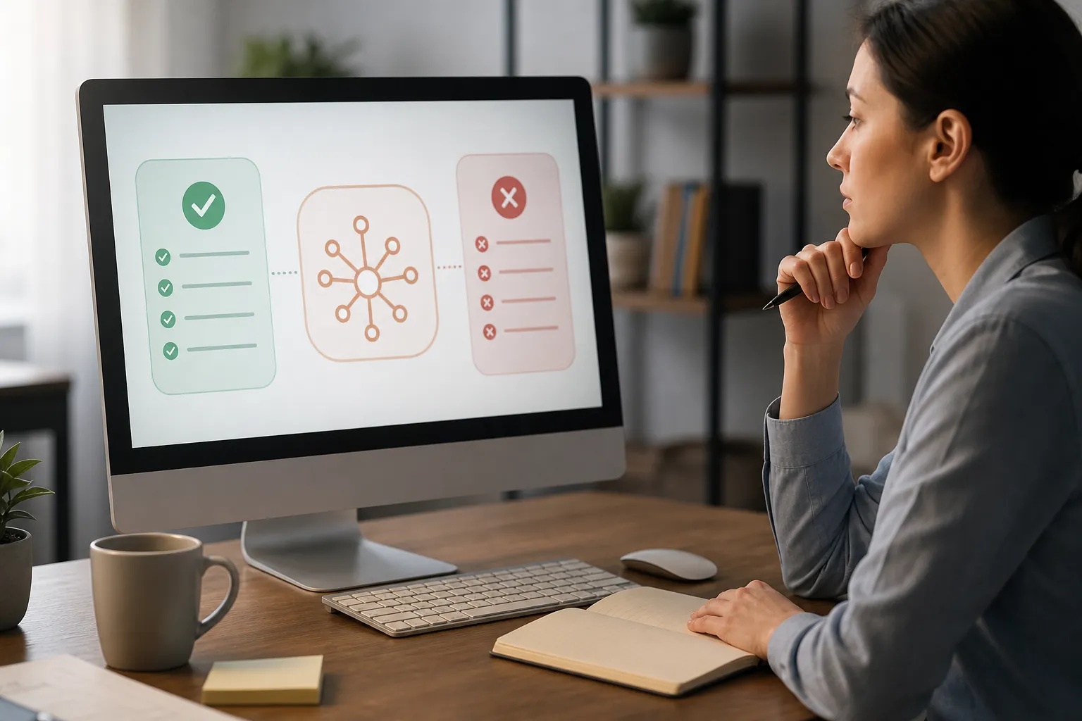 Reviewing the strengths and limits of an AI answer Woman studies a computer display showing checkmarks, error symbols, and a central AI network diagram.