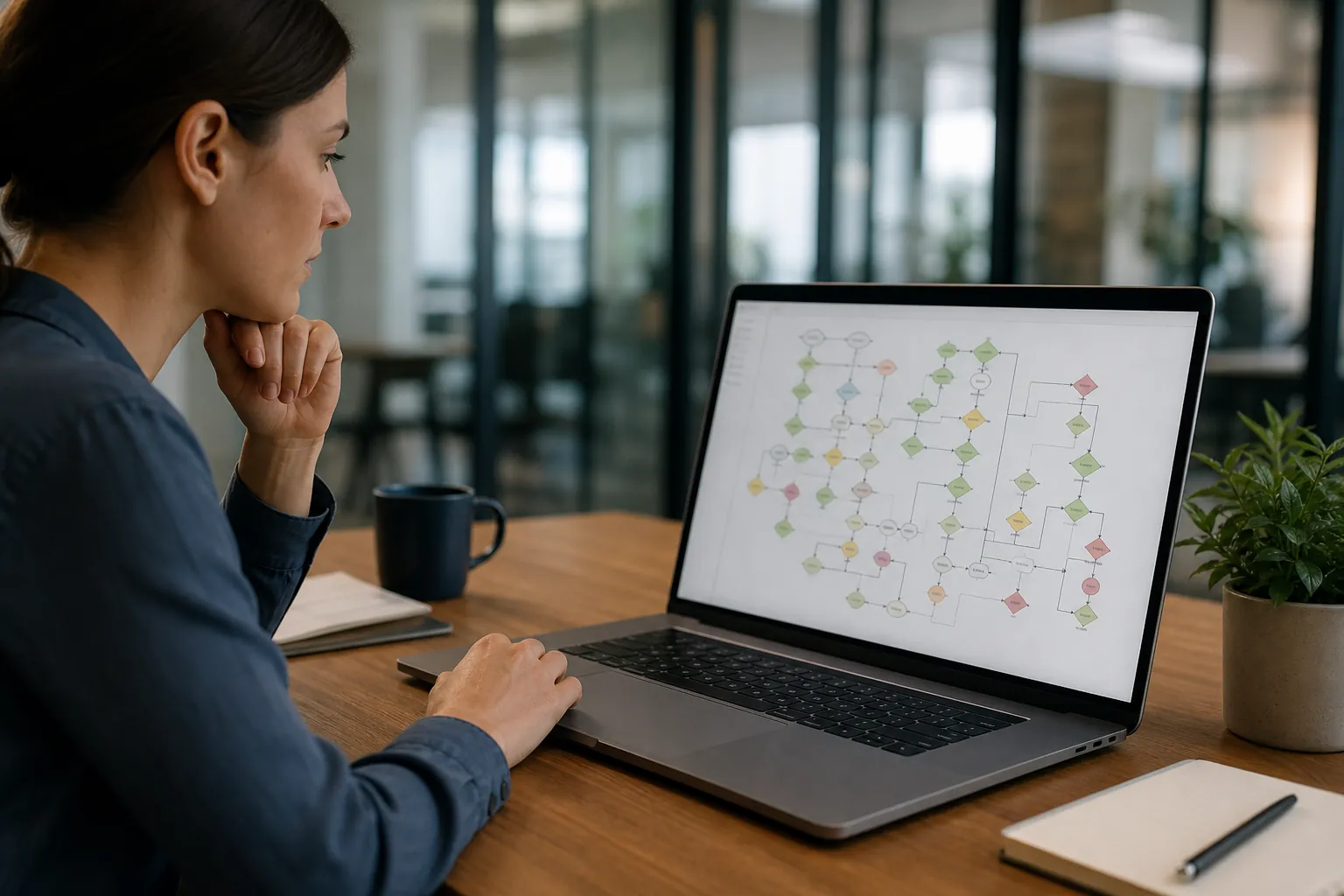 Clinic professional reviews a complex website redirect path diagram on a laptop at an office desk.
