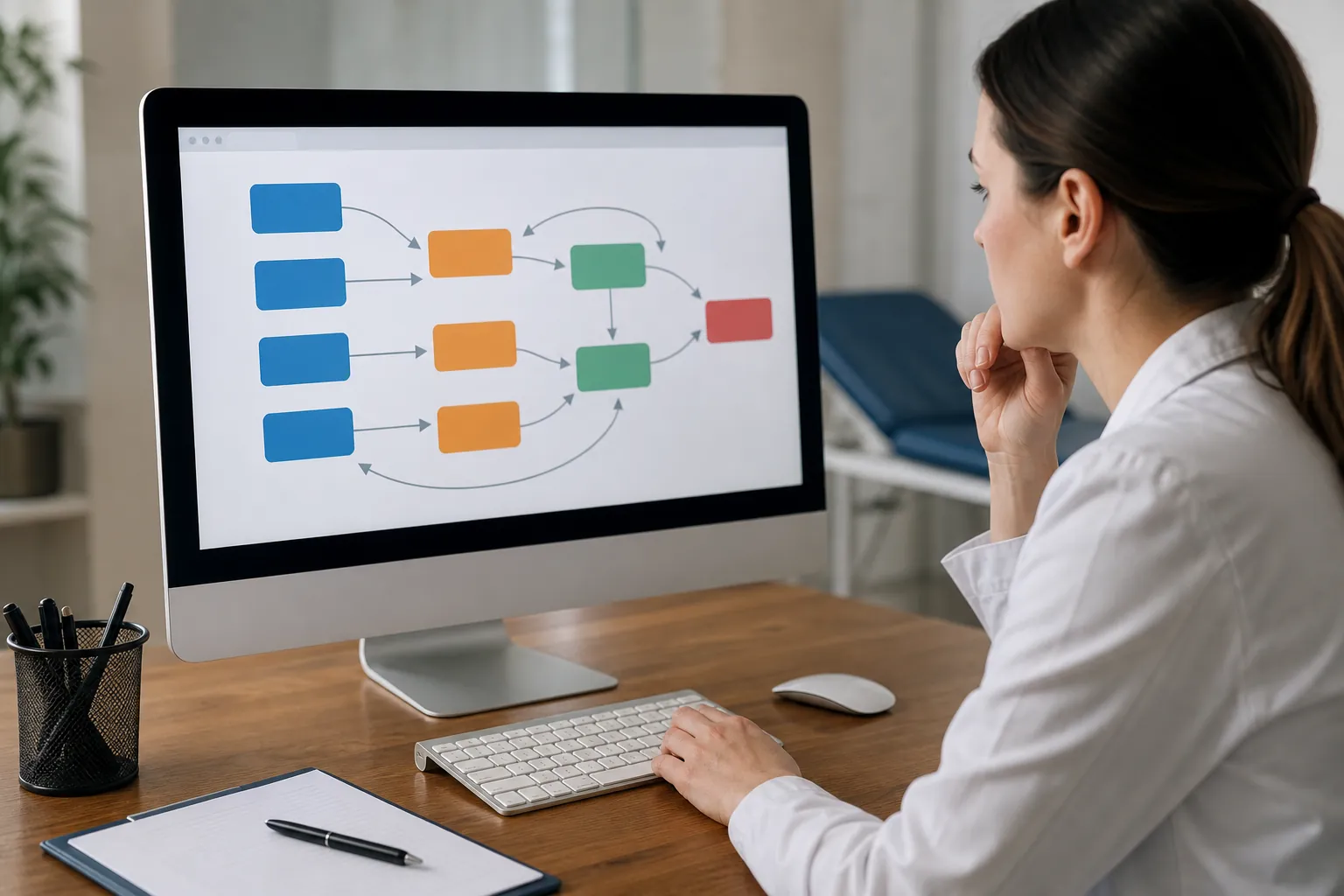 Clinic professional reviews a color-coded redirect flowchart on a desktop monitor after a website migration.