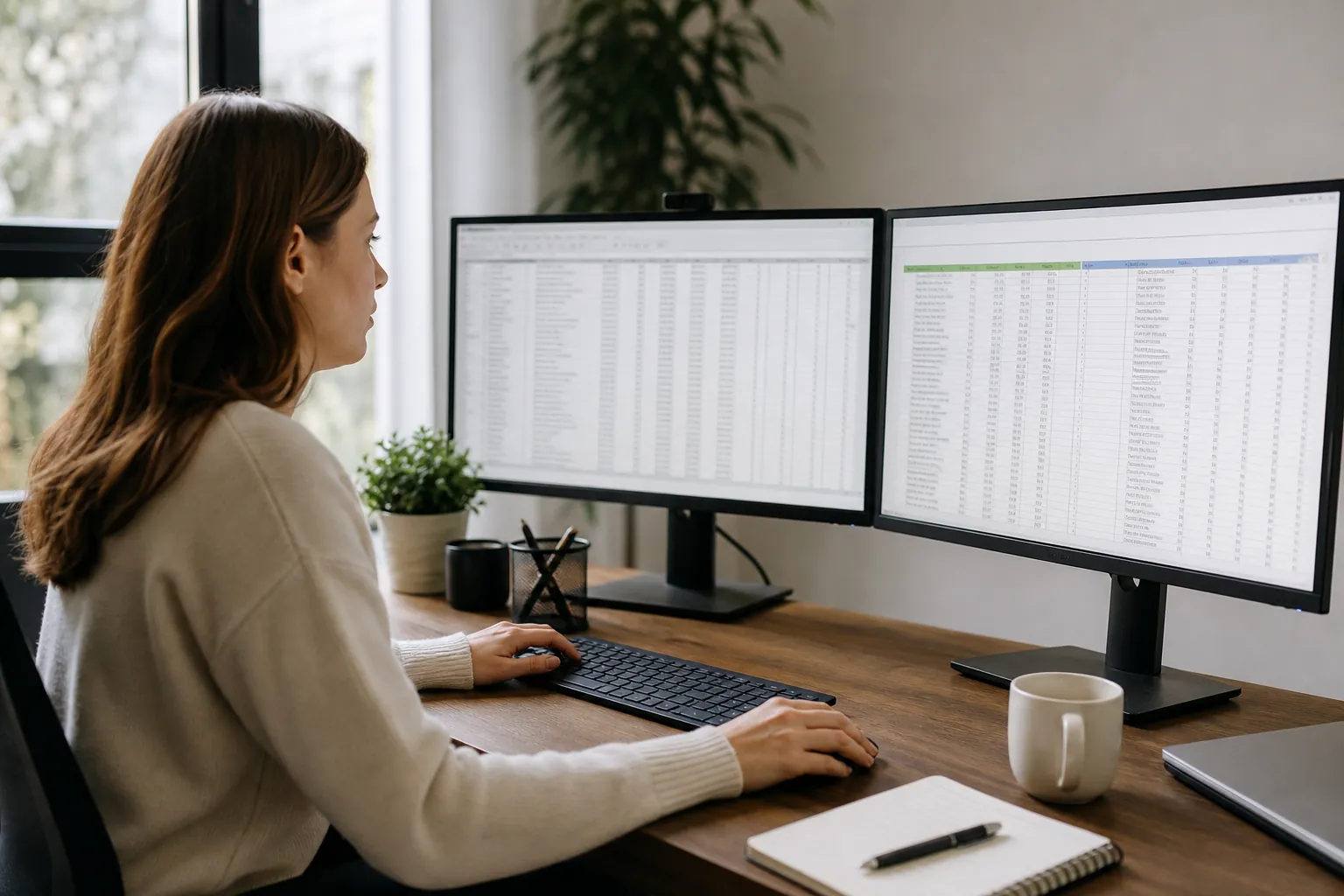 Woman at a dual-monitor workstation reviewing spreadsheets that could list old and new website URLs after a migration.