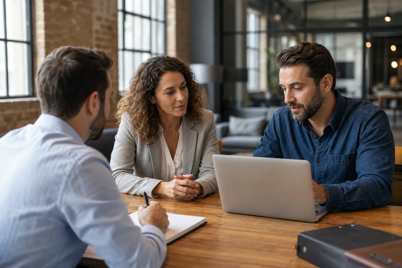 Colleagues Reviewing a Laptop During an Office Meeting Three adults sit around a wooden table with an open laptop while one writes in a notebook, with brick walls and large windows behind them.