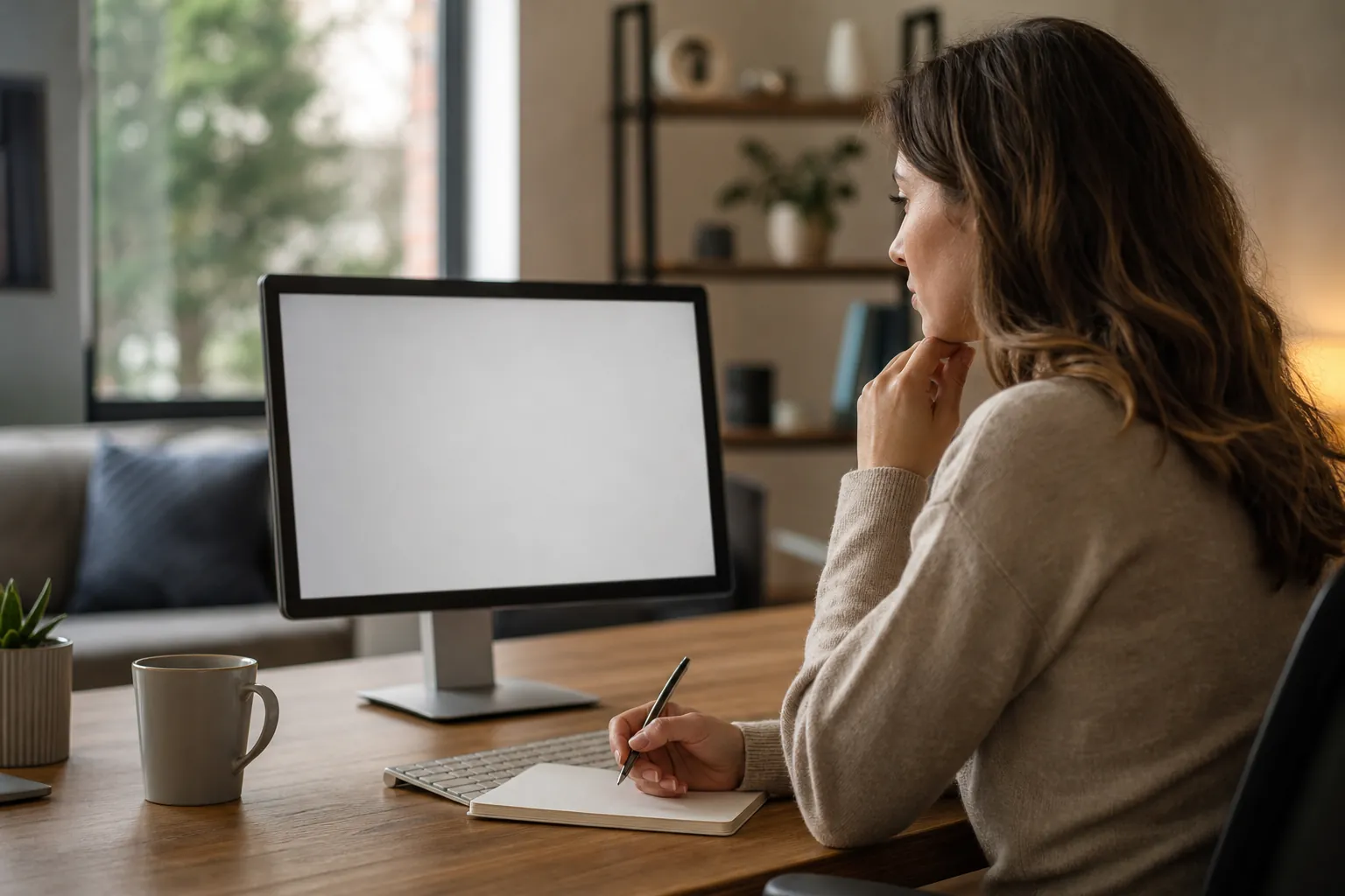 Woman holding a pen over a notebook at a wooden desk, facing a blank computer monitor with a keyboard and mug nearby.