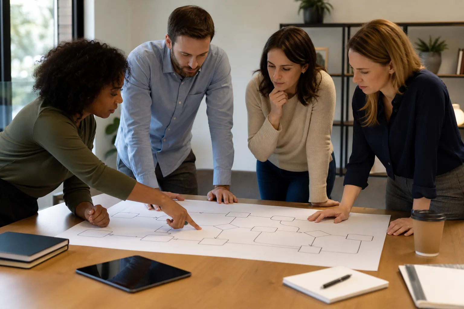 Team Reviewing a Paper Workflow Before Choosing Software Four adults lean over a large paper flowchart on a wooden table while one points to its connected shapes.