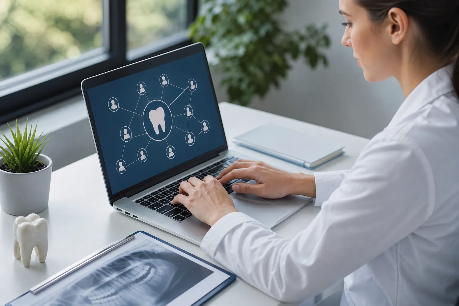 Woman in a white coat uses a laptop showing a tooth linked to profile icons, with a dental X-ray and tooth model on the desk.