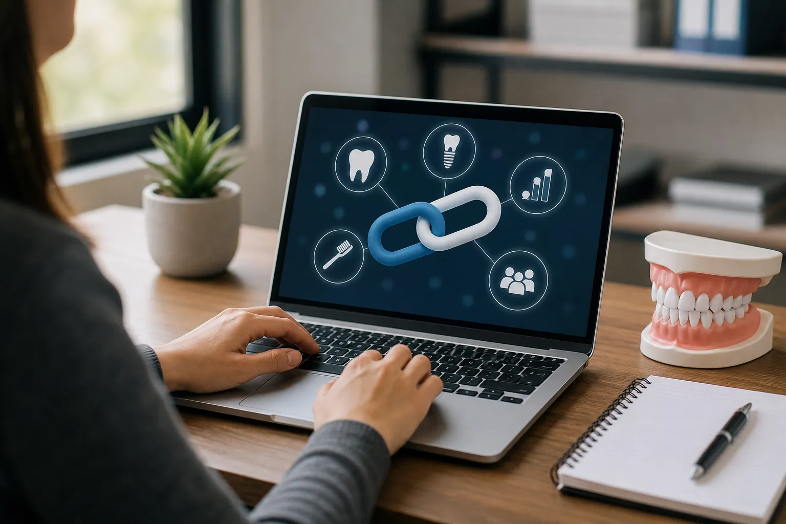 Dental Backlink Concept on a Laptop Screen Person using a laptop displaying linked chain icons and dental symbols, with a model of teeth and a notebook on the desk.