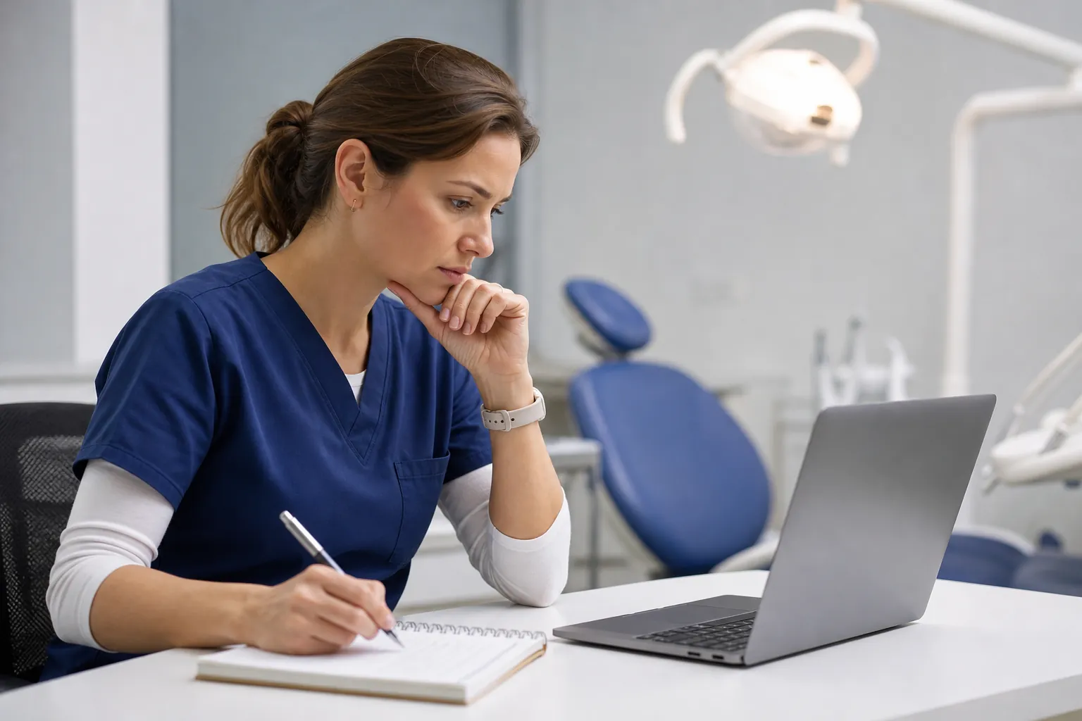 A woman in blue scrubs writes in a notebook beside an open laptop, with a dental chair and exam light behind her.