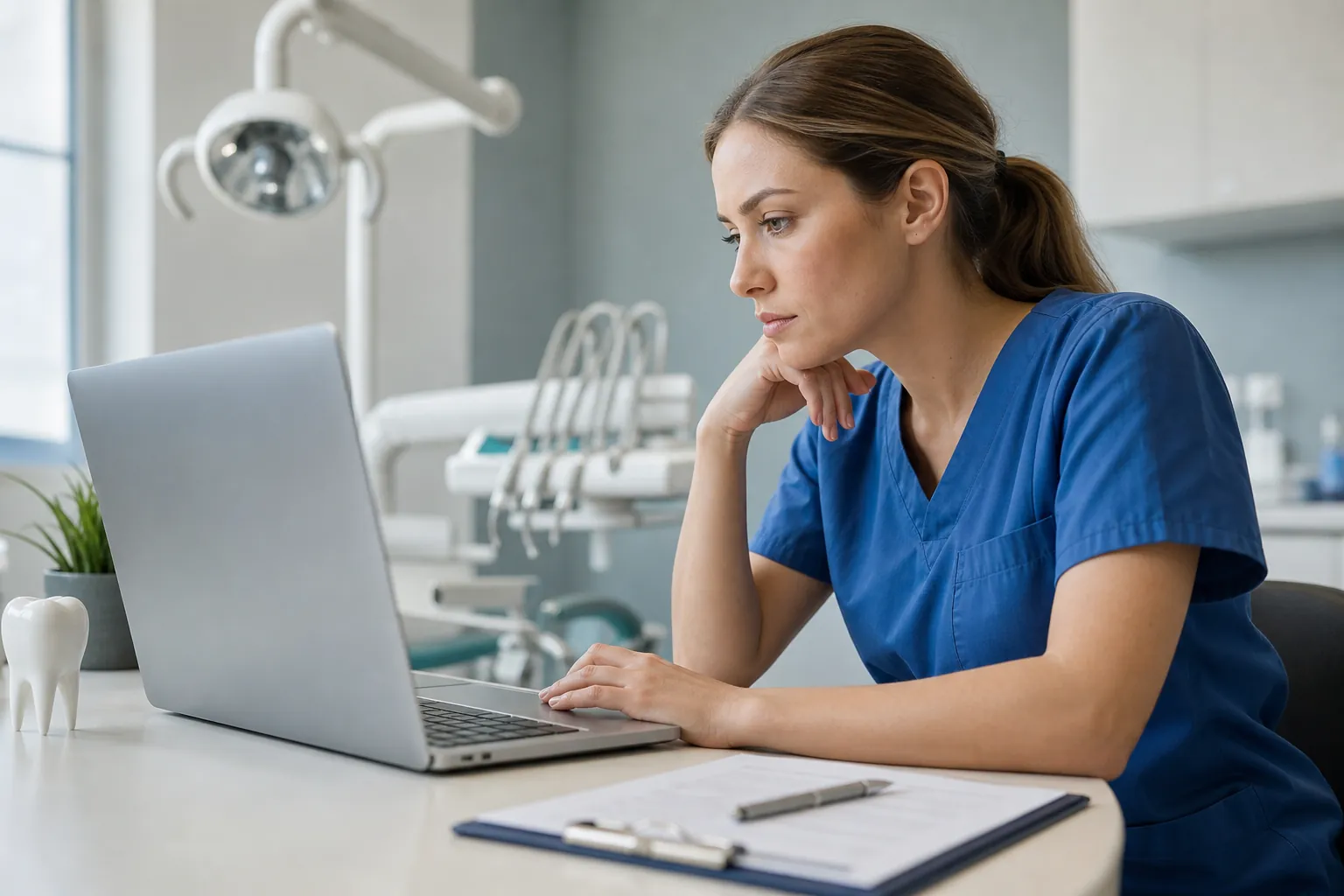 A woman in blue scrubs uses a laptop in a dental office, with a clipboard, pen and tooth model on the desk.