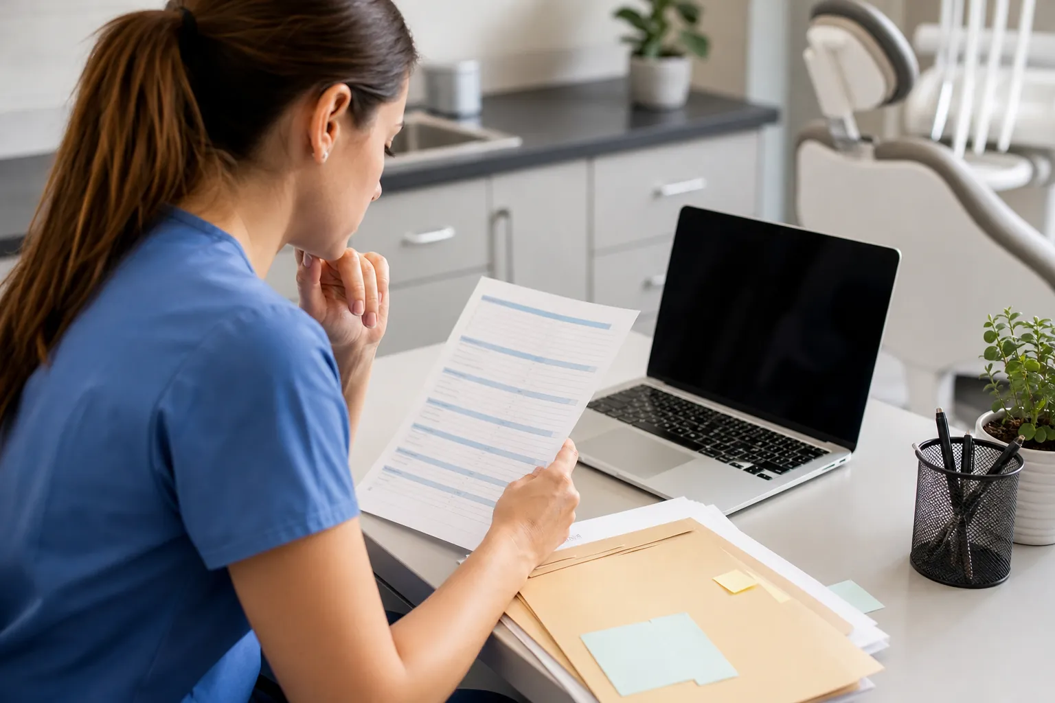 A woman in blue scrubs reviews a printed document beside an open laptop and folders in a dental treatment room.