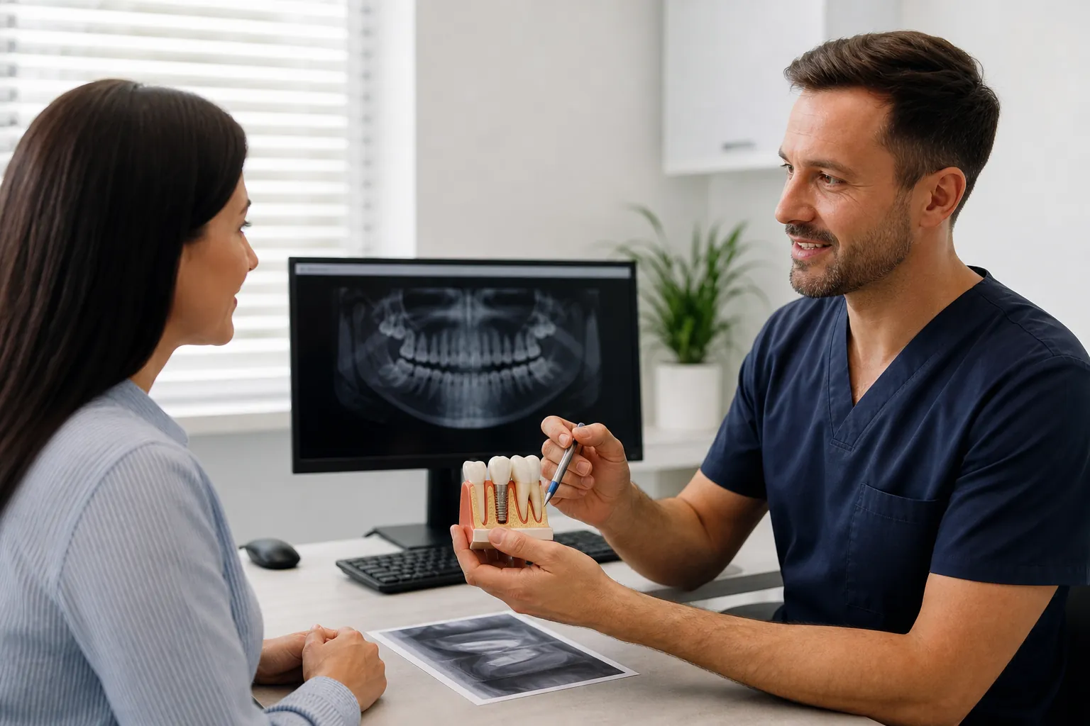Dentist explains a dental implant model to a seated woman, with a panoramic dental X-ray displayed on a monitor behind them.