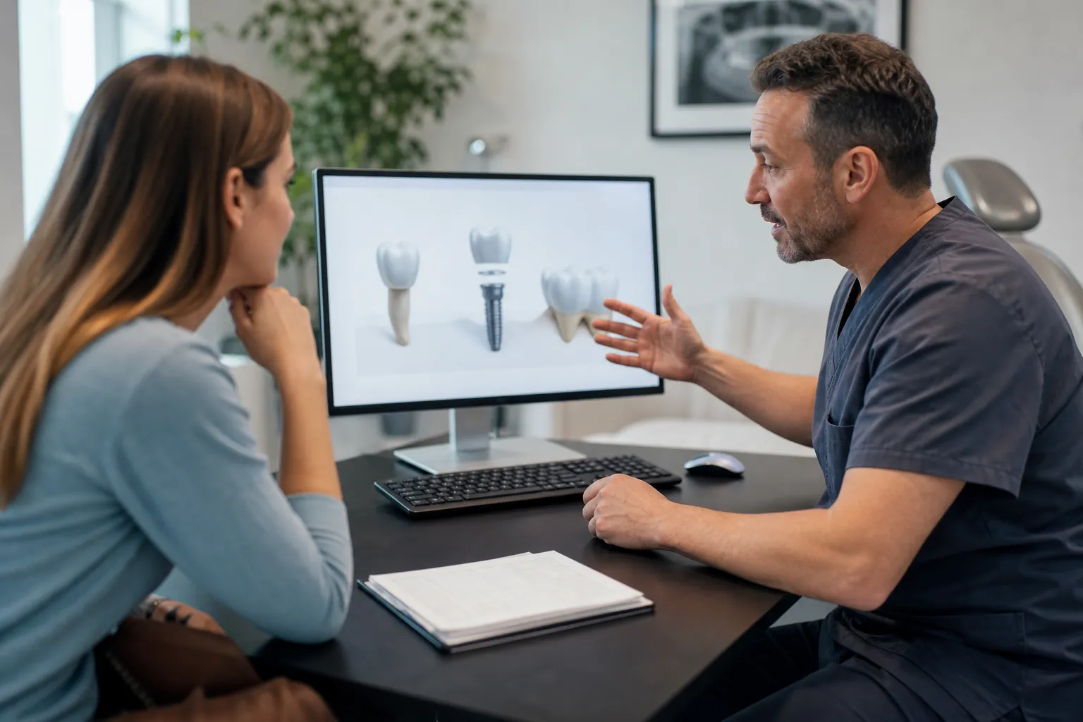 A dentist discusses dental implants with a seated woman beside a monitor displaying a tooth, implant screw, and crowns.