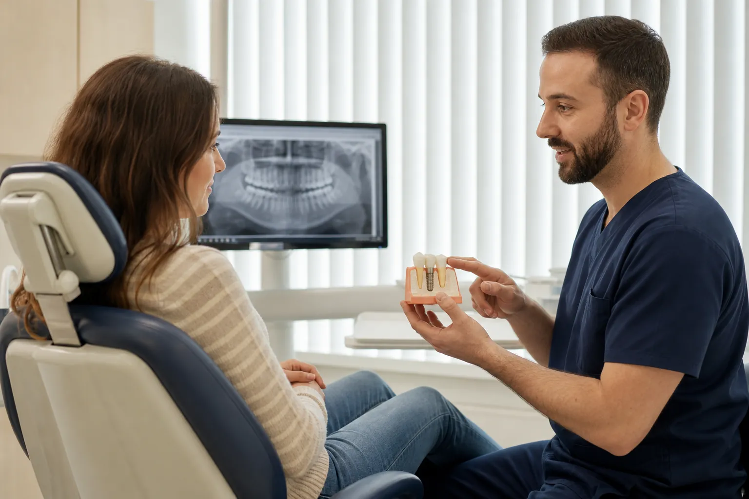 A dentist explains a dental implant model to a woman seated in a dental chair, with a panoramic dental X-ray on a monitor.