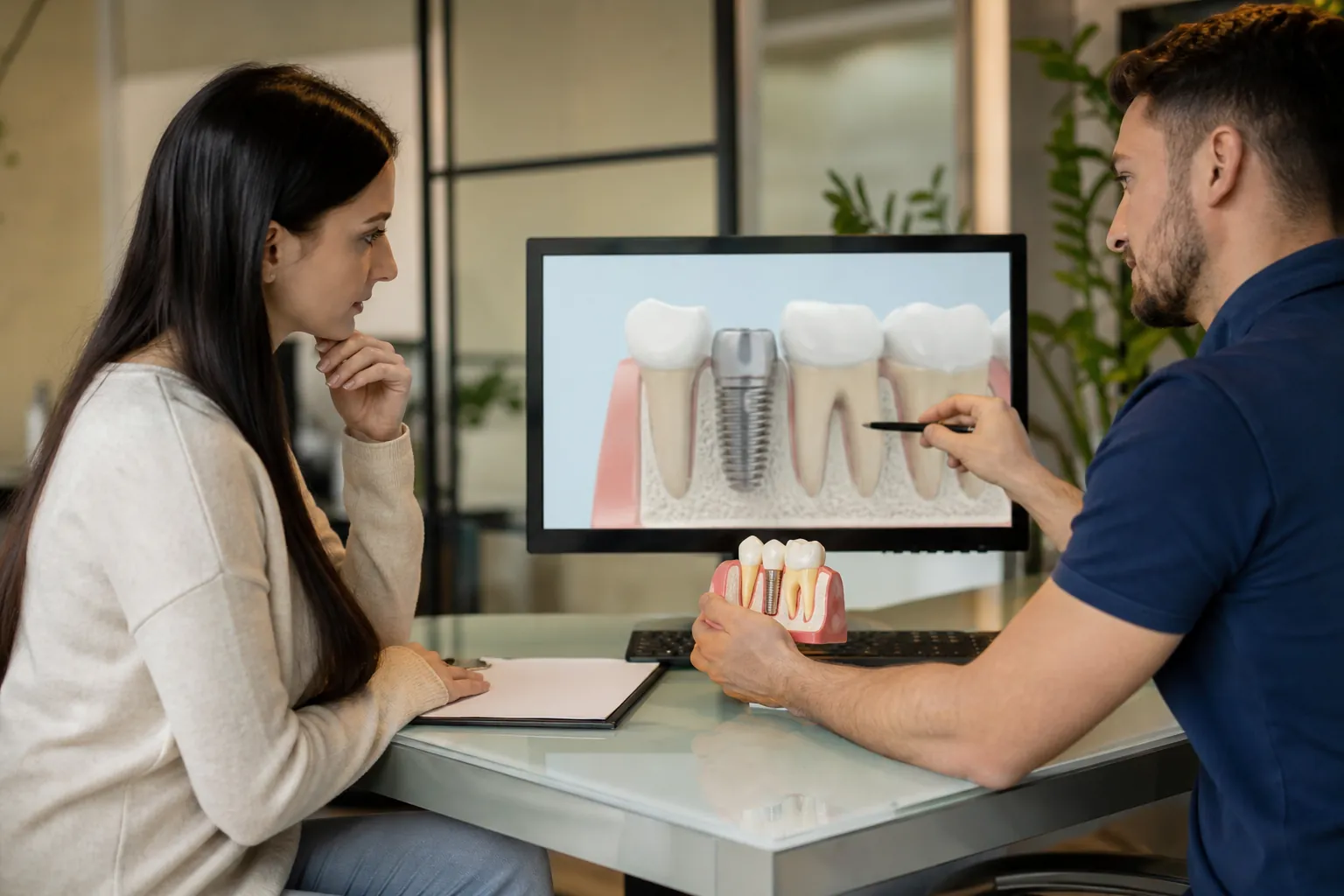 A man explains a dental implant to a woman, holding a tooth model and pointing to an implant diagram on a monitor.