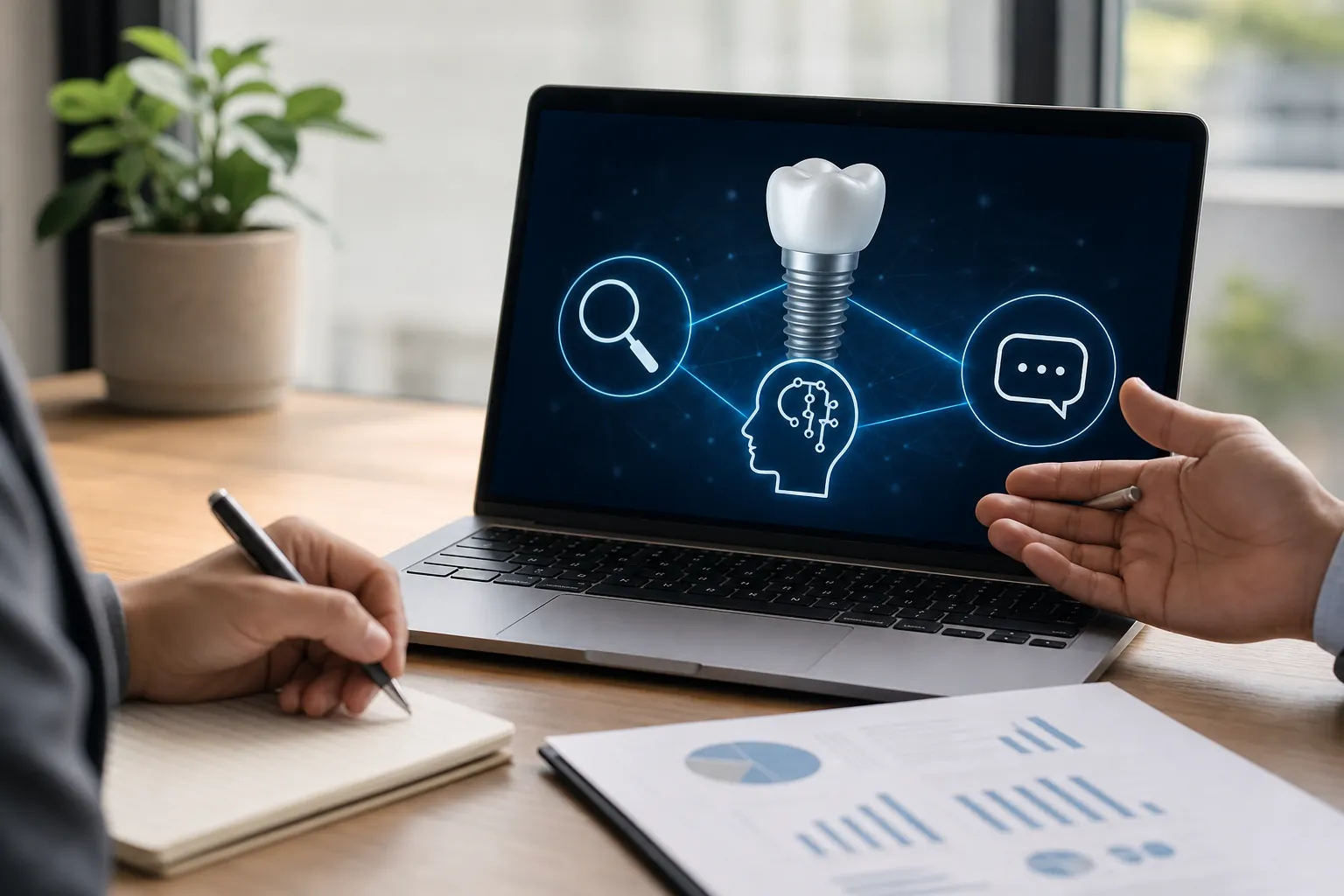 Dental Implant Search and AI Strategy Discussion Two people gesture and take notes beside a laptop displaying a dental implant linked to search, AI, and chat icons.