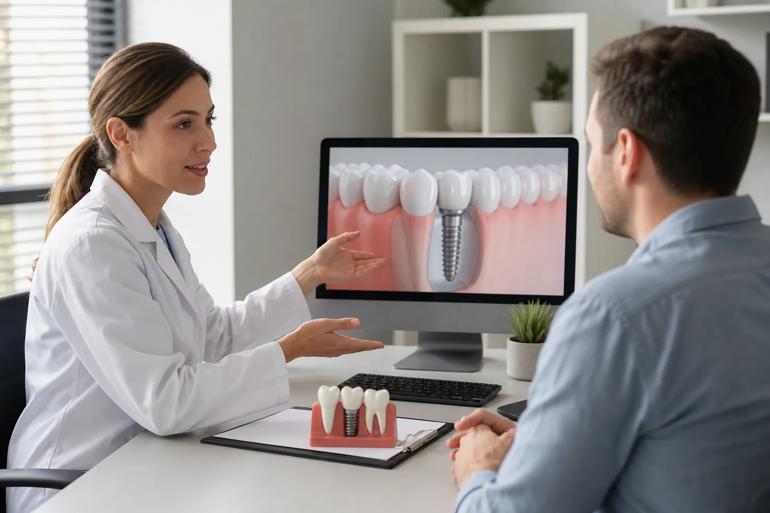 Dentist Explaining a Dental Implant to a Patient A dentist explains a dental implant to a seated man using a tooth model and a large implant diagram on a desktop monitor.