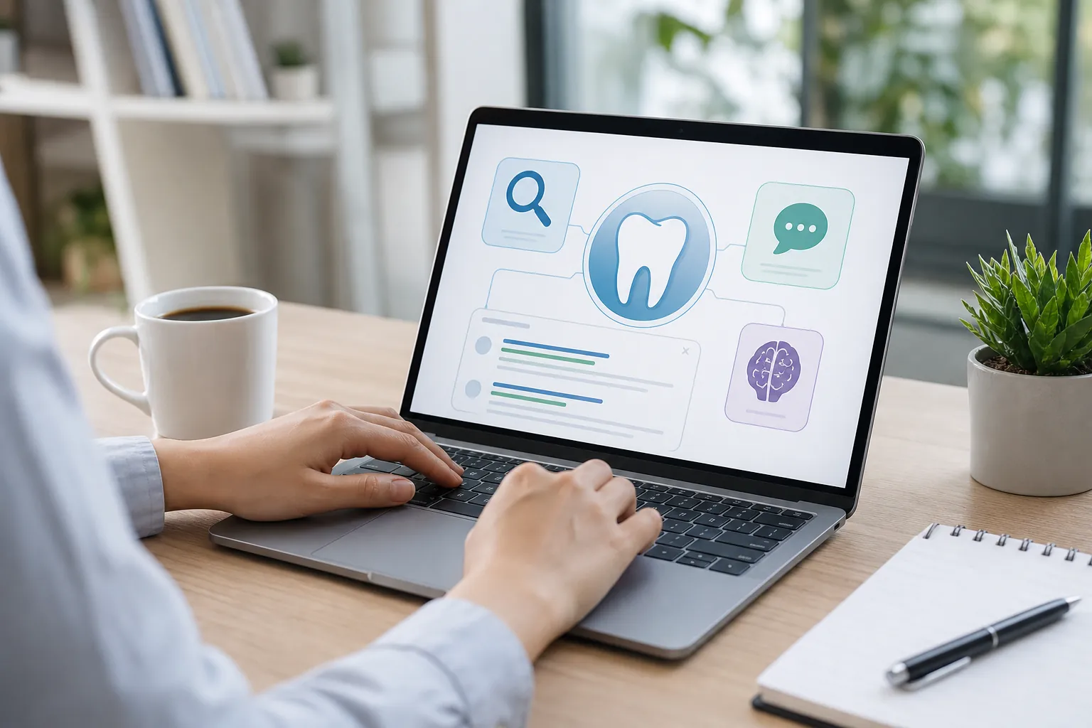 Person using a laptop displaying a tooth icon linked to search, chat, and brain symbols, with coffee and a notebook nearby.