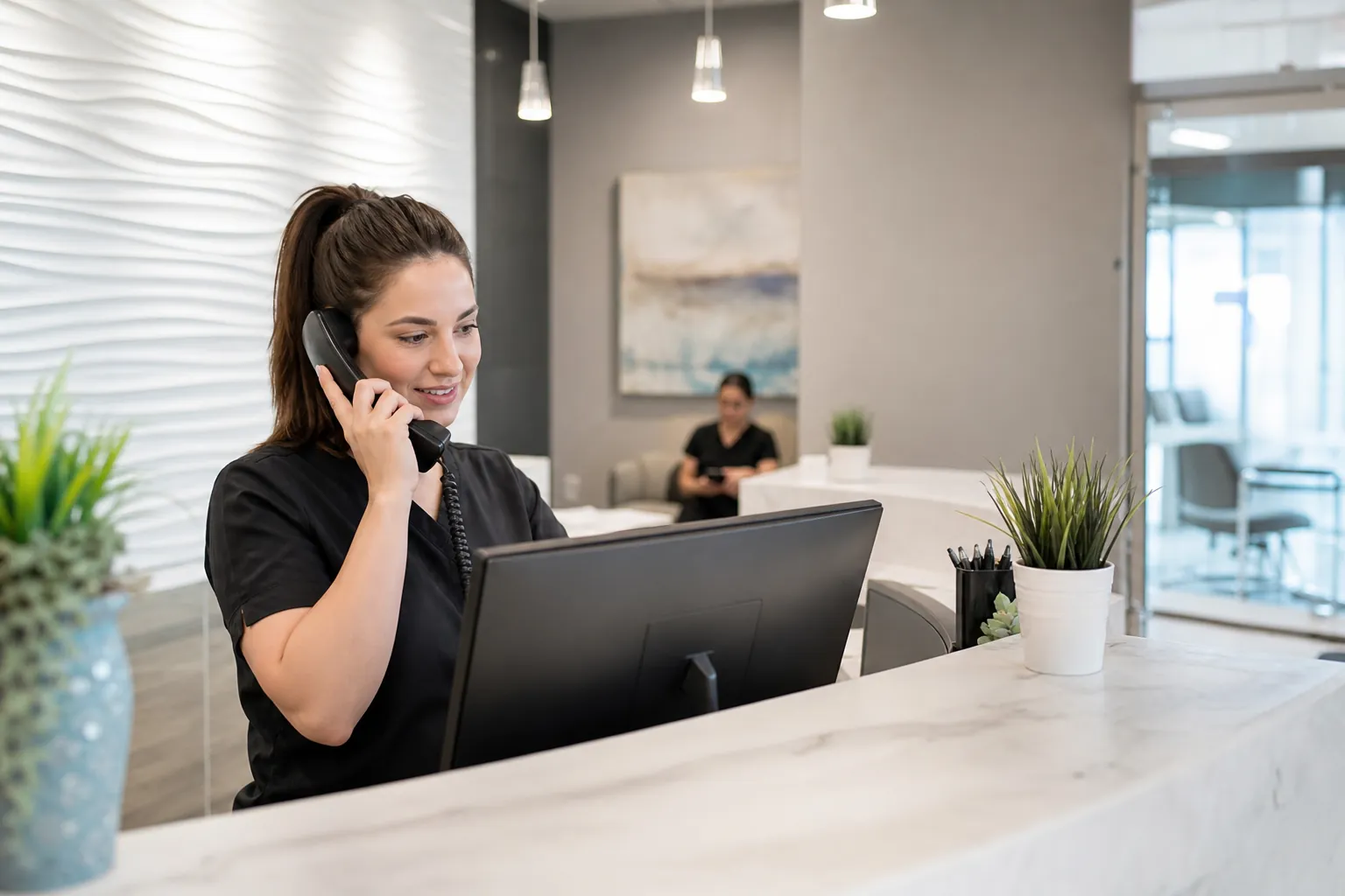 Receptionist in black scrubs answers a corded phone behind a white reception counter with a computer monitor and potted plants.