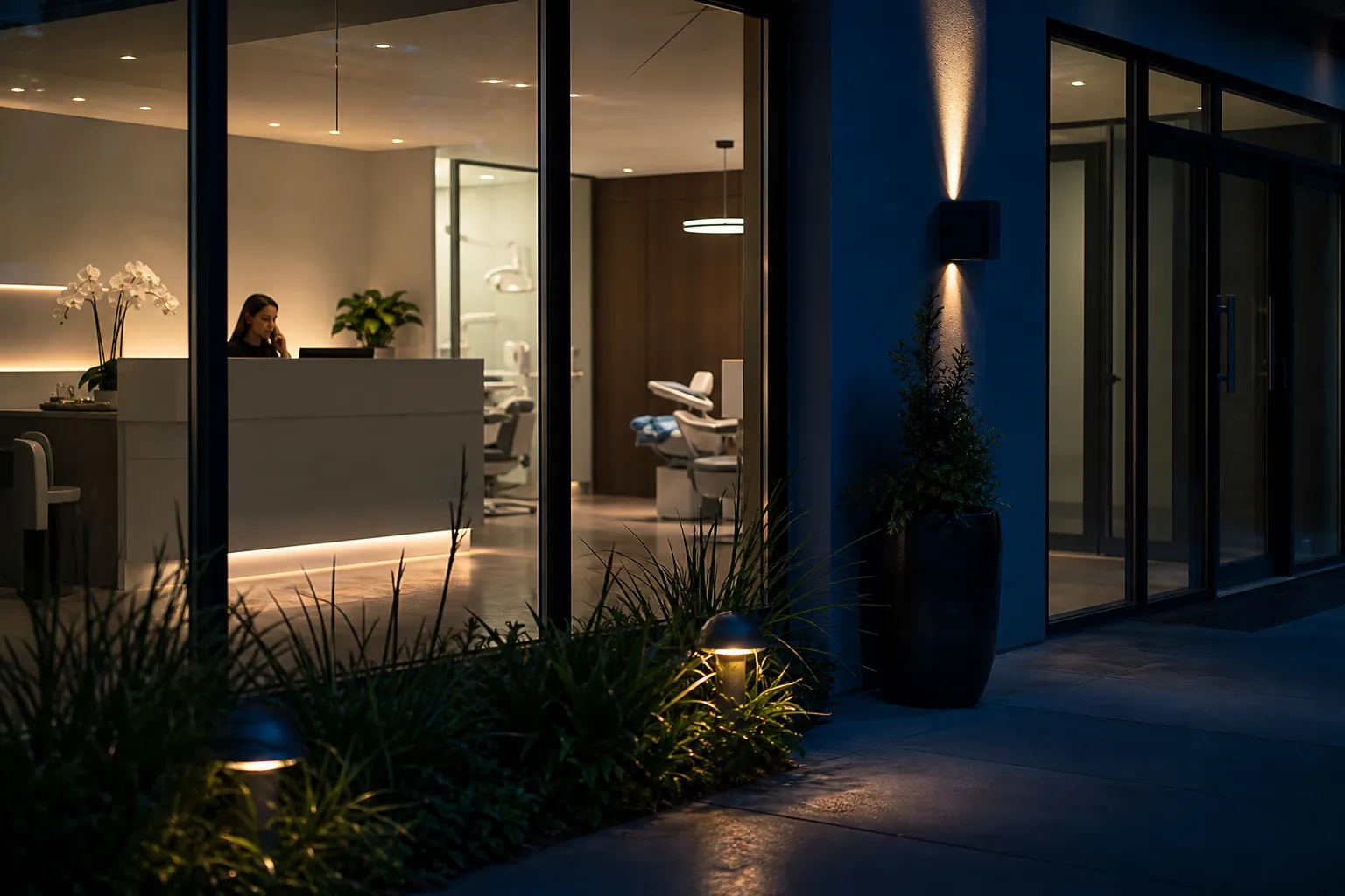 A dental office viewed through glass at night, with a receptionist behind the lit front desk and dental chairs inside.