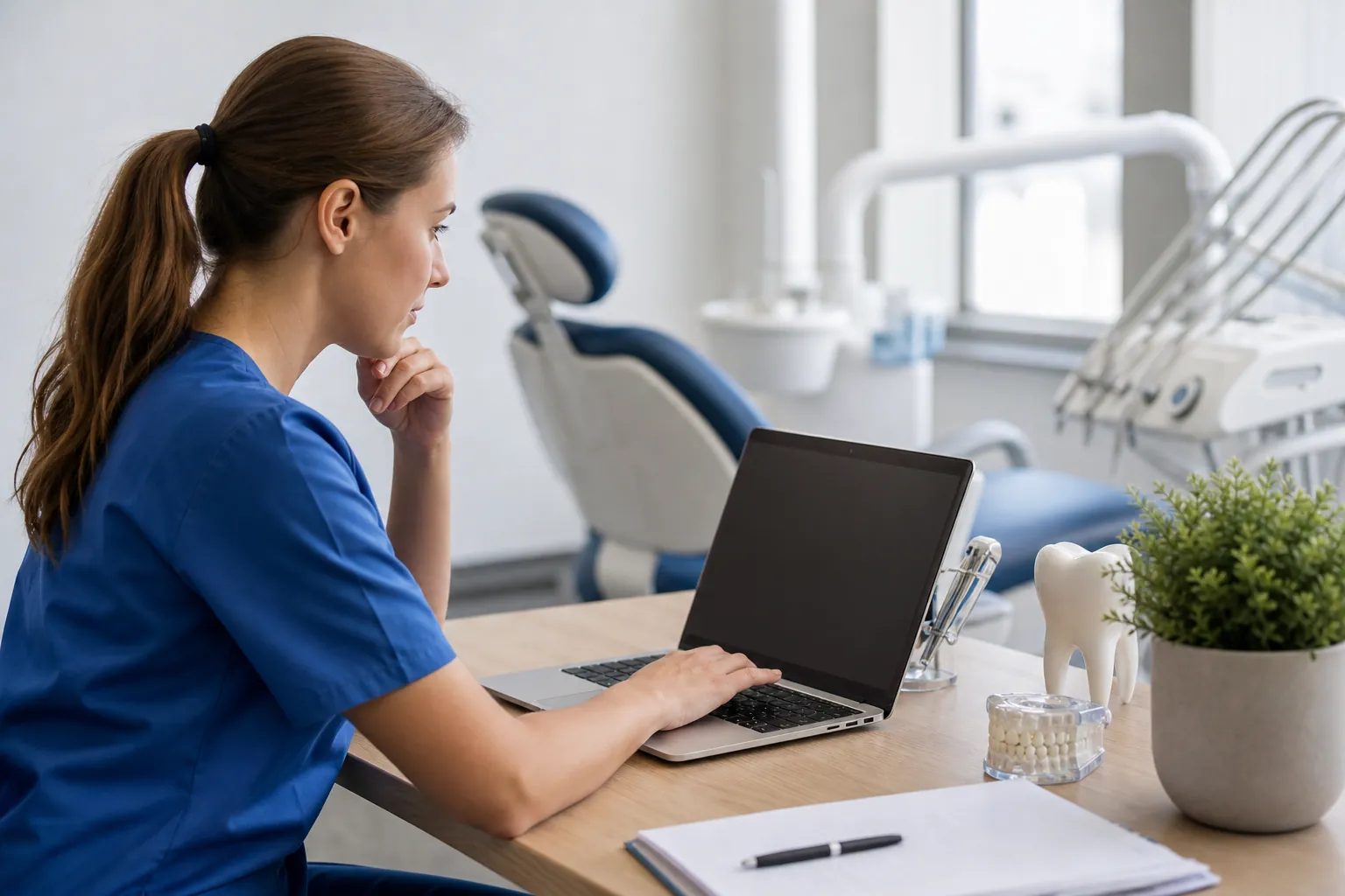Dental Professional Working on a Laptop A woman in blue scrubs uses a laptop at a desk beside a tooth model, with a dental chair and equipment behind her.