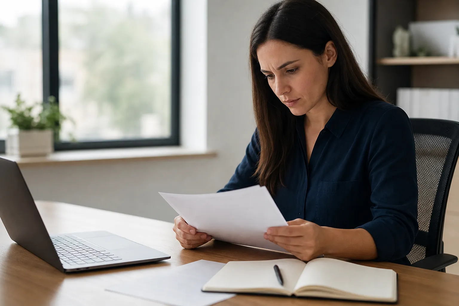Woman Carefully Reviewing Paperwork at a Desk A woman studies a sheet of paper at a wooden desk with an open laptop, a blank notebook, a pen, and loose papers.