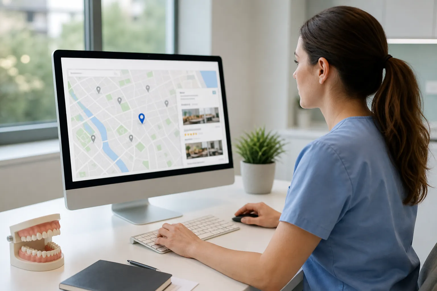 Dental professional in blue scrubs viewing a local map search on a desktop beside a model of teeth.