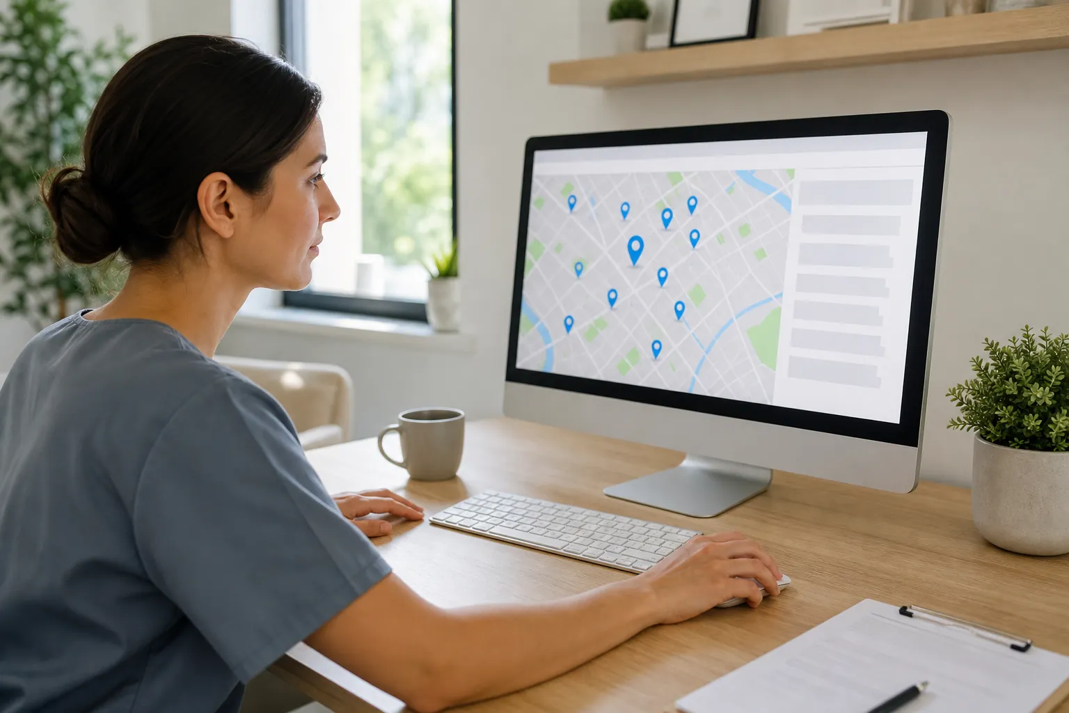 Dental professional at a desk viewing a computer map with multiple local business location pins.