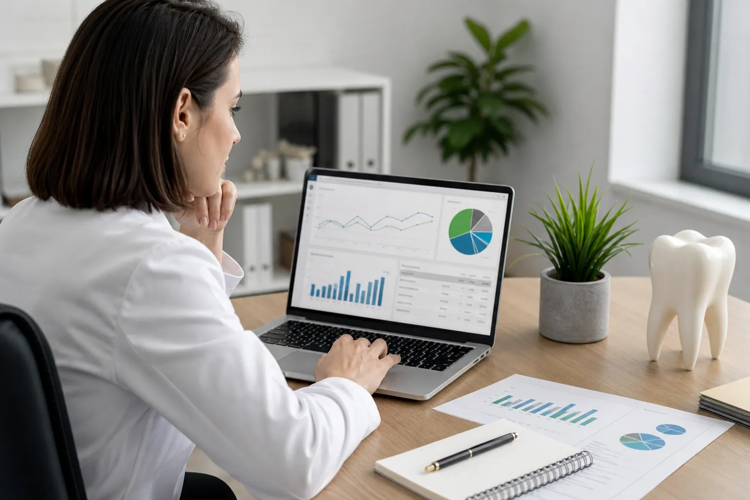 A woman in a white coat reviews charts on a laptop beside a large tooth model, printed graphs, and a notebook.
