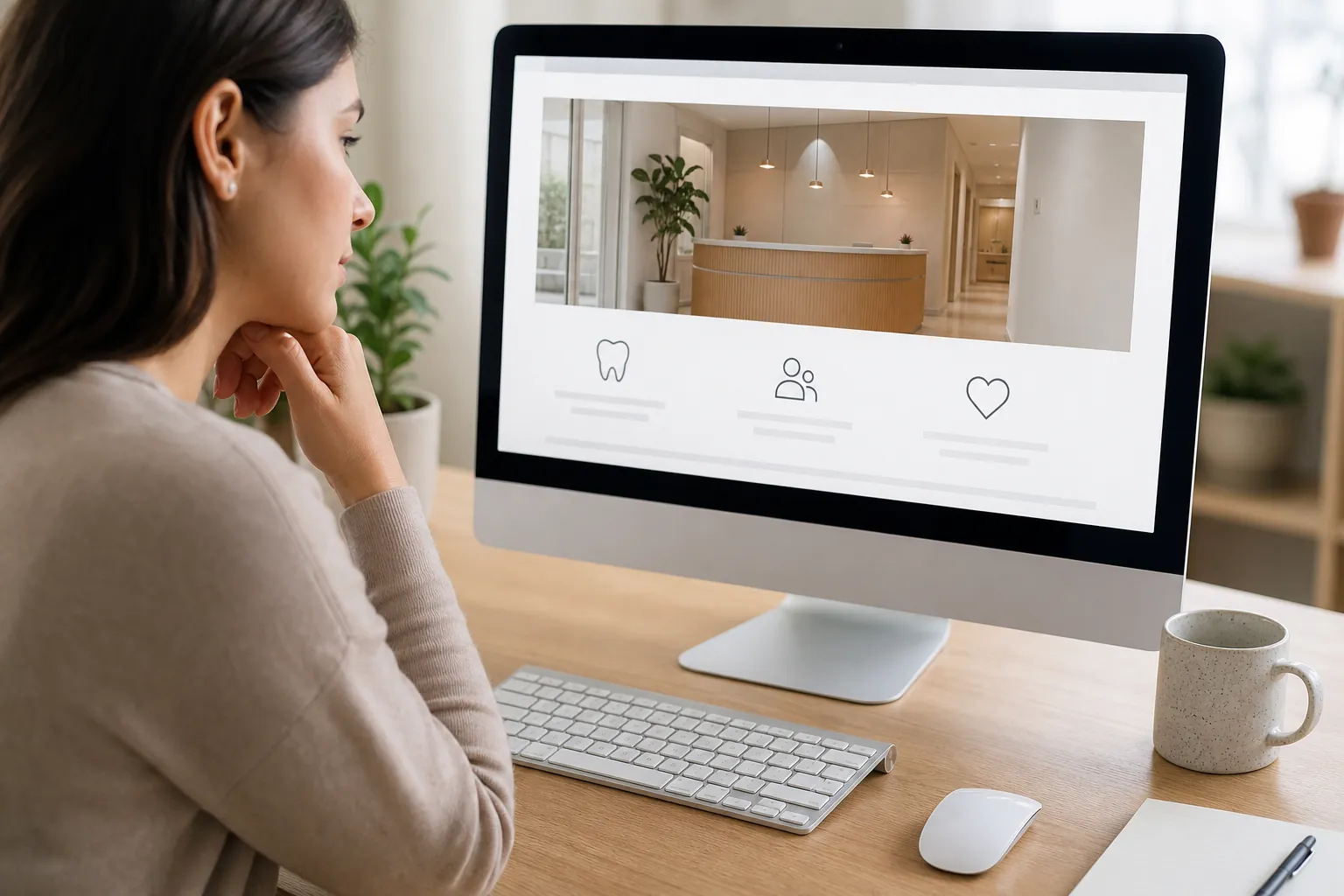 Woman Reviewing a Dental Practice Website A woman views a dental website on a desktop monitor showing a reception area and tooth, people, and heart icons.
