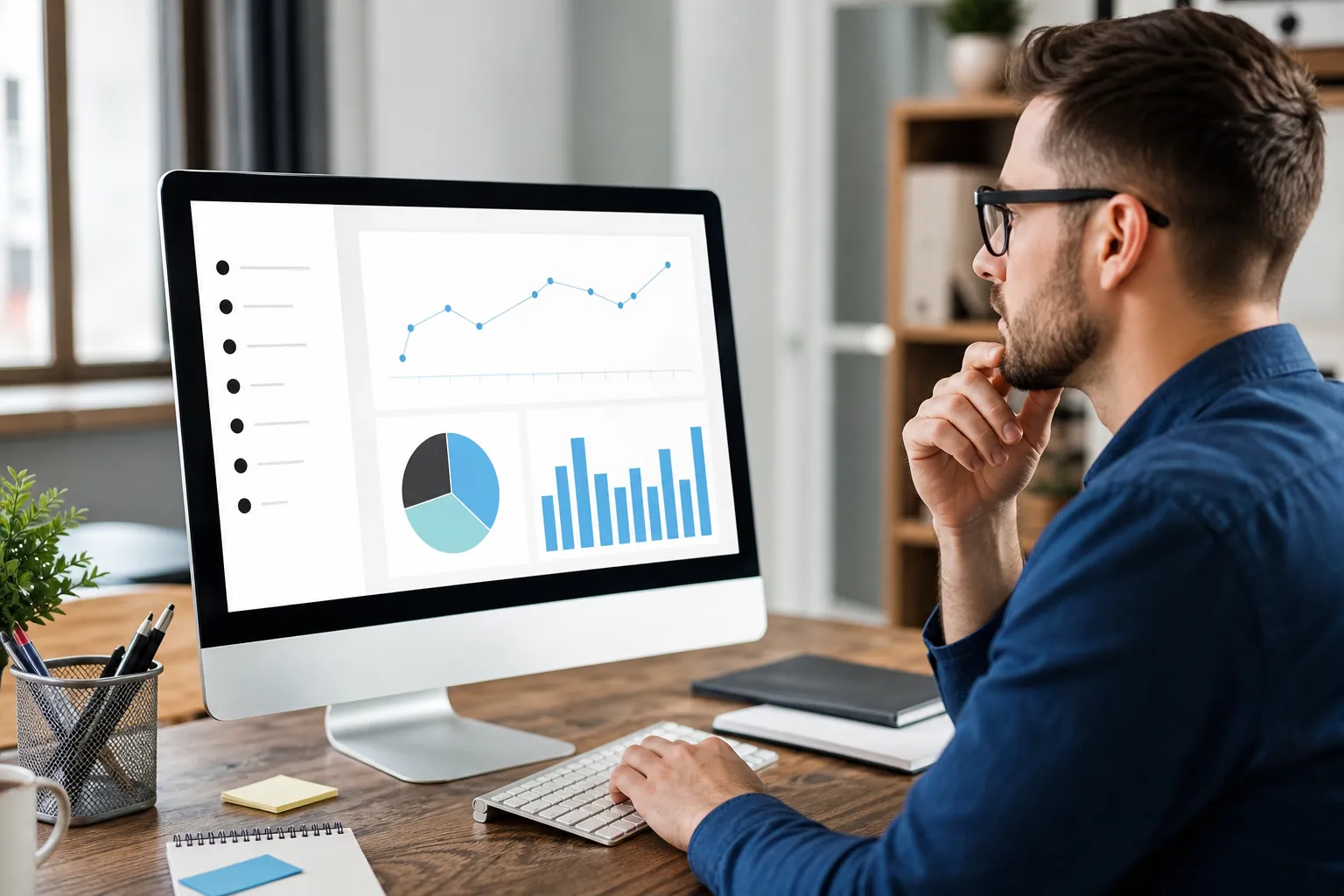 A man wearing glasses reviews line, pie, and bar charts on a desktop monitor at a wooden desk.