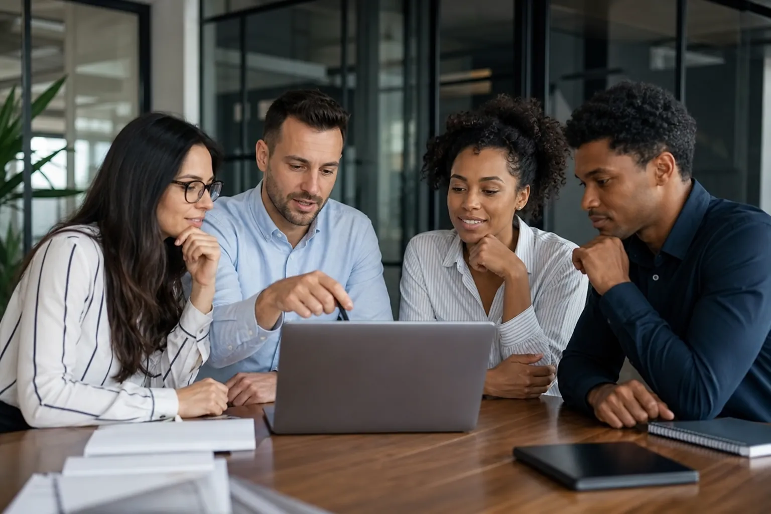 Four coworkers gather around a laptop at a wooden conference table, with notebooks and a tablet nearby.