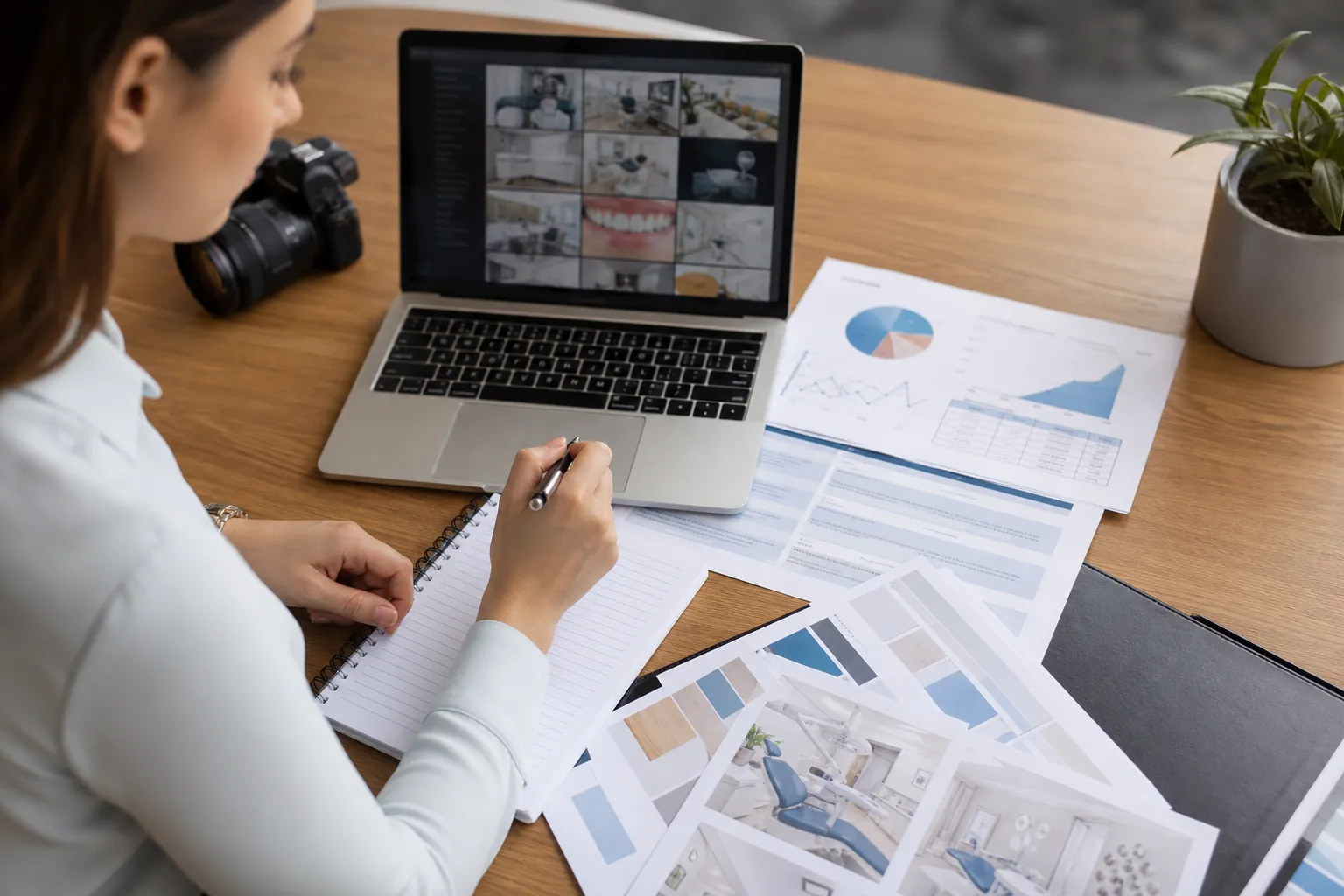 A woman holds a pen over a notebook beside a laptop showing dental photos, printed charts, and dental office color palettes.