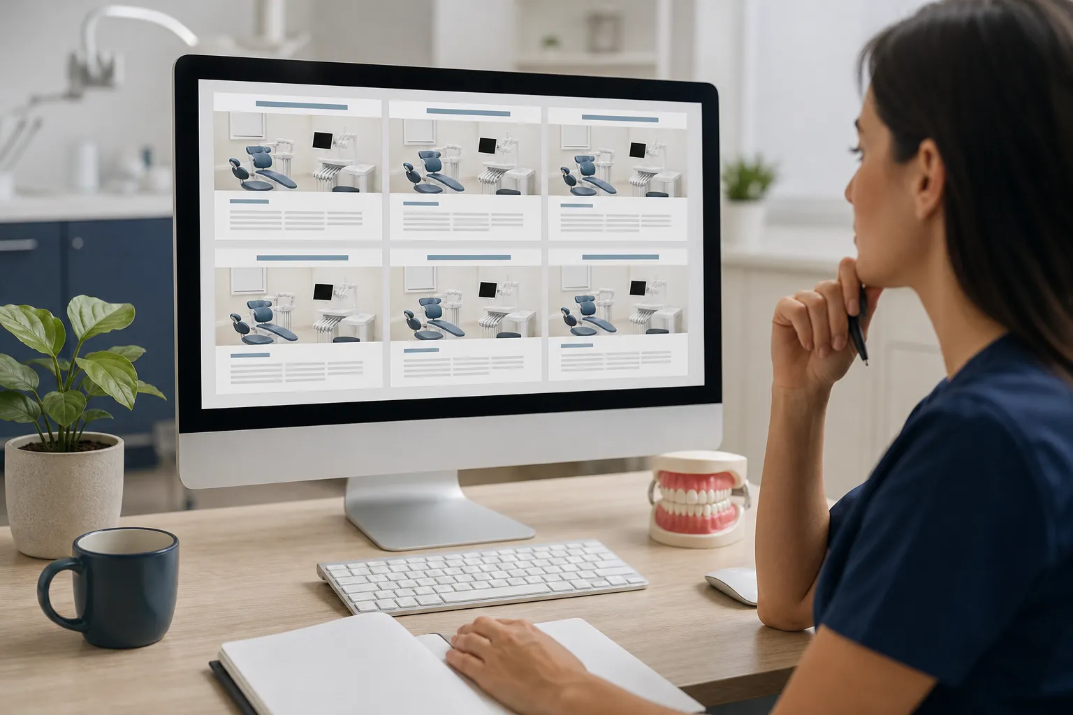 Woman in navy scrubs reviews six matching dental webpage layouts on a desktop monitor beside a model of teeth.