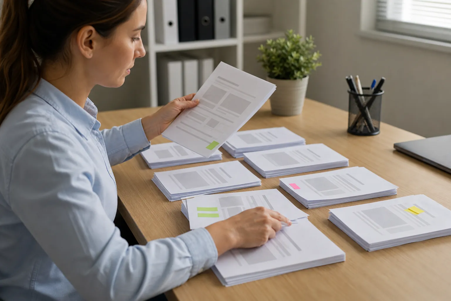 A woman sorts printed page layouts into stacks marked with colored tabs on a wooden desk beside a closed laptop.